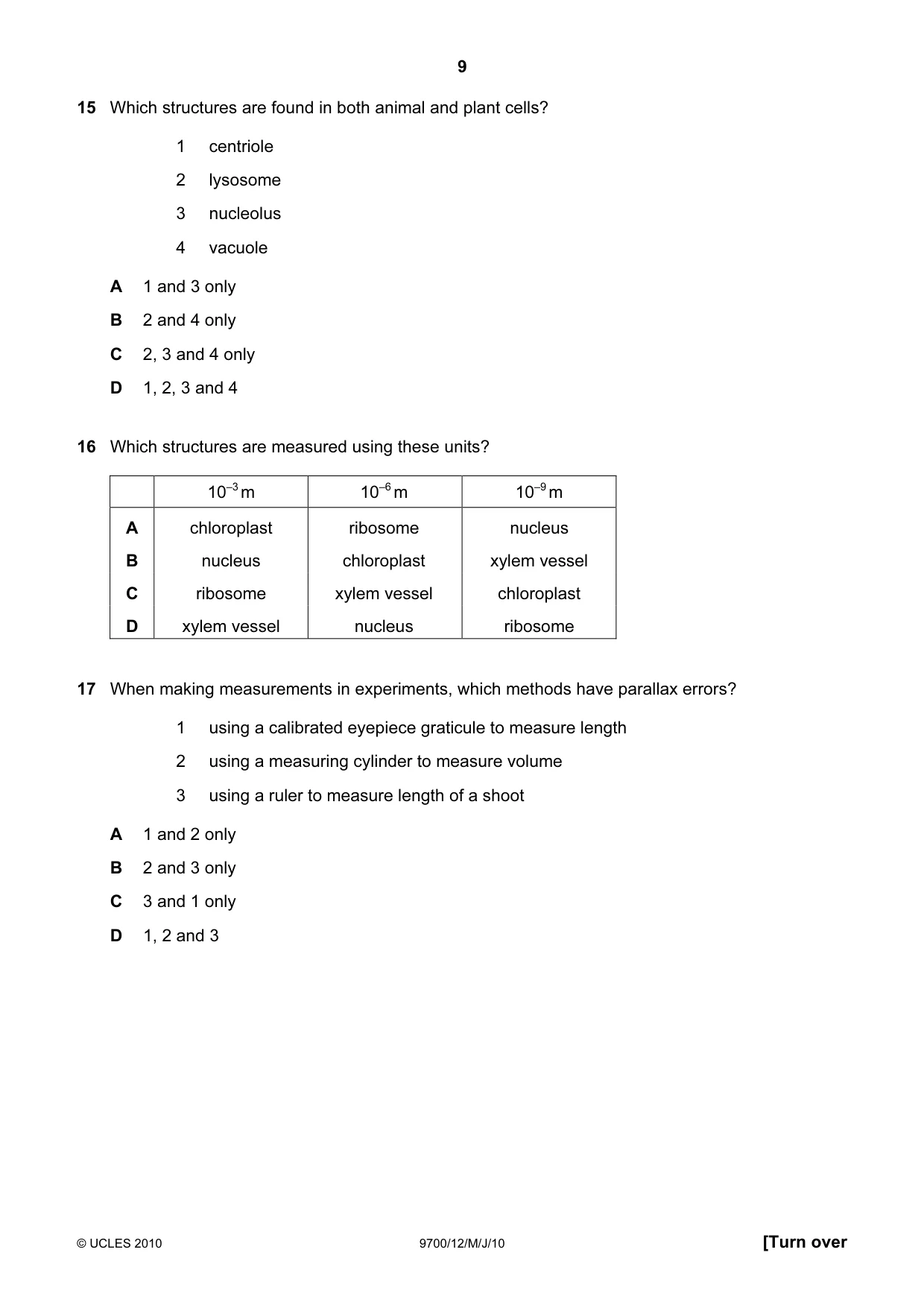 Cambridge A Level Biology 9700 2010 May/June Paper 1 · Variant 2 question paper, page 9 of 20