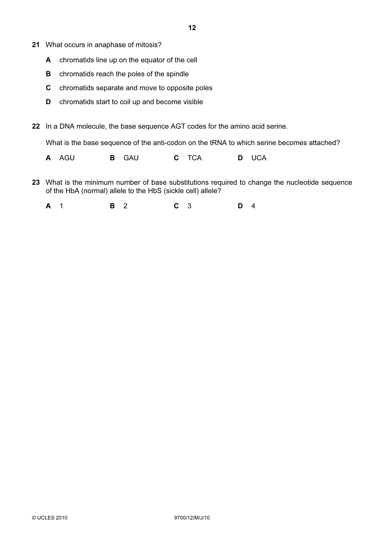 Cambridge A Level Biology 9700 2010 May/June Paper 1 · Variant 2 question paper, page 12 of 20