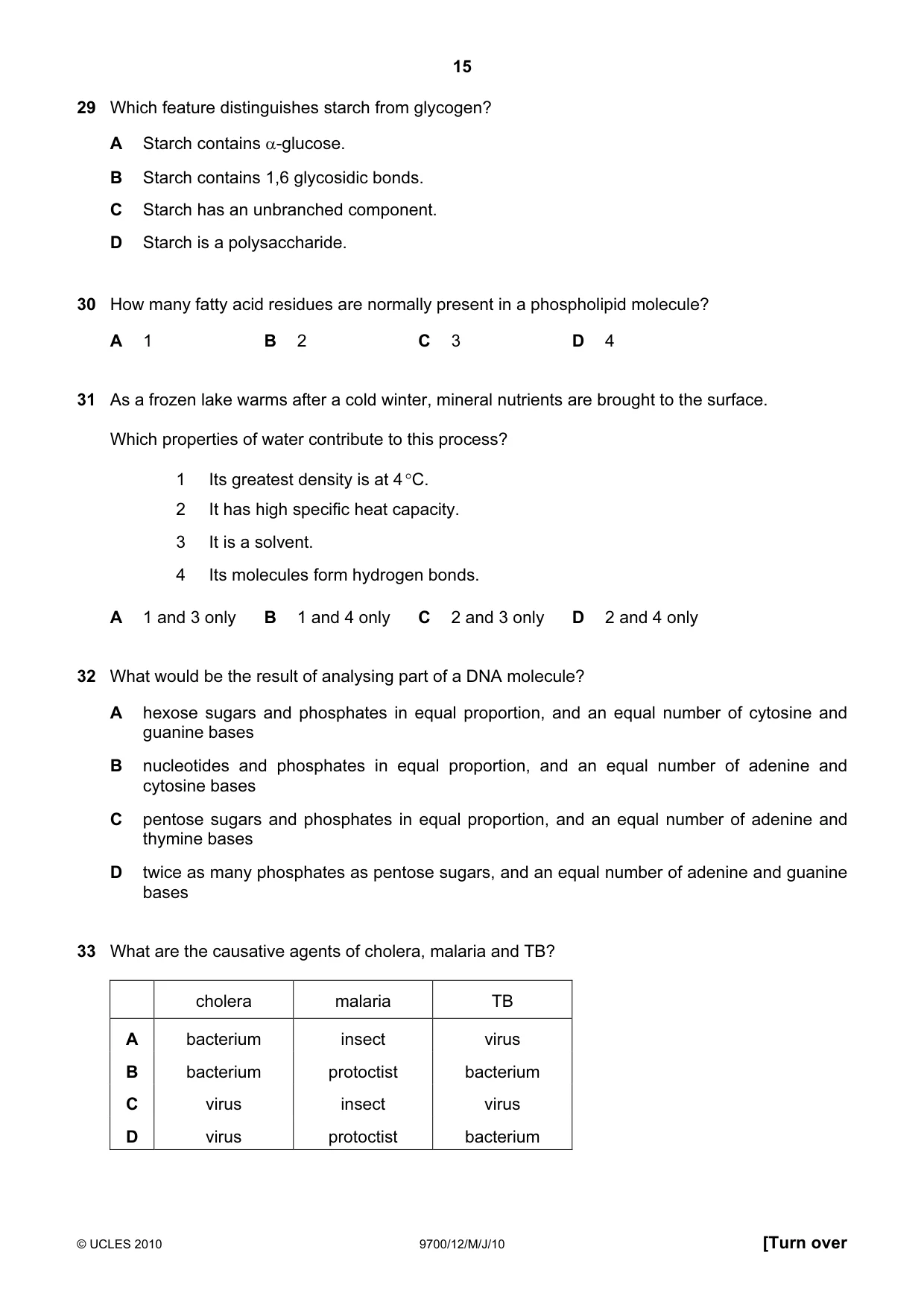 Cambridge A Level Biology 9700 2010 May/June Paper 1 · Variant 2 question paper, page 15 of 20