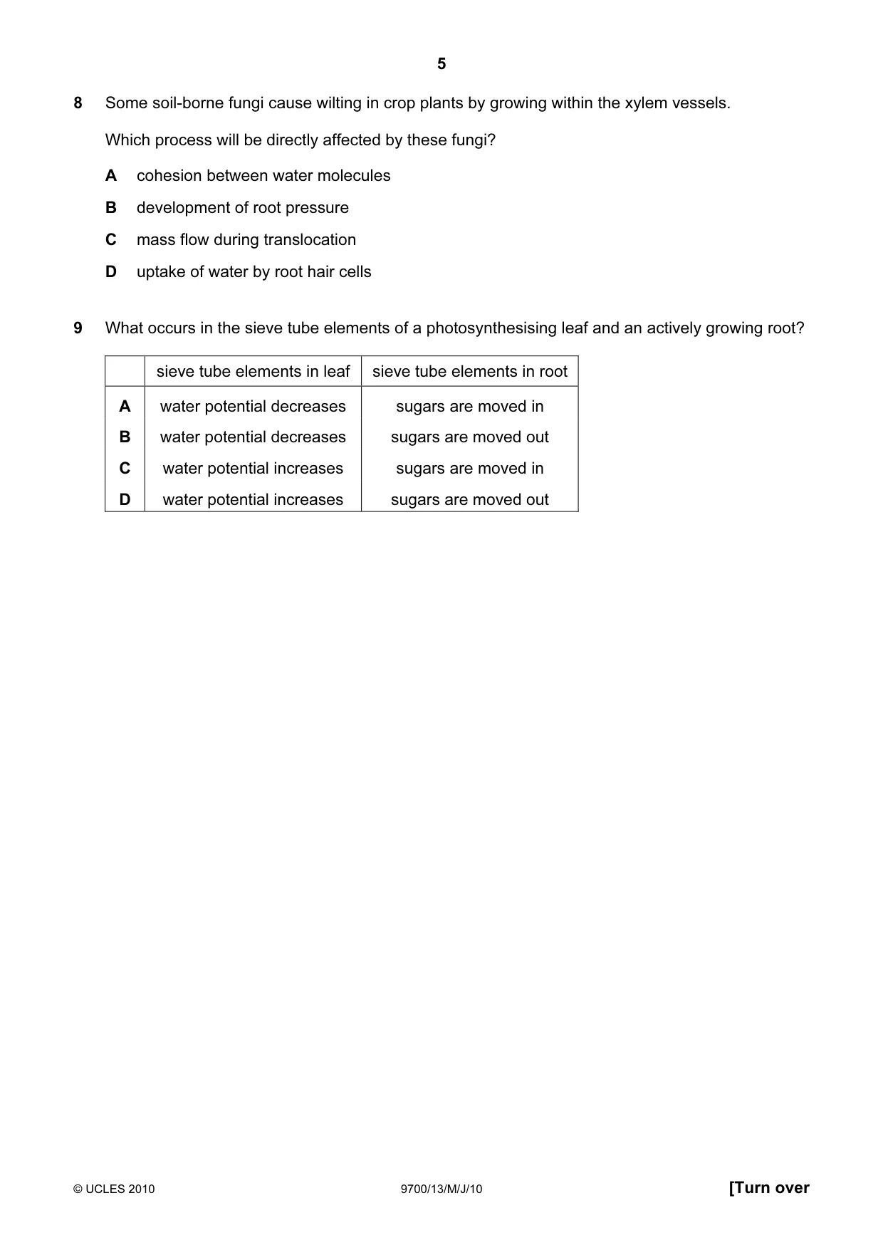 Cambridge A Level Biology 9700 2010 May/June Paper 1 · Variant 3 question paper, page 5 of 20