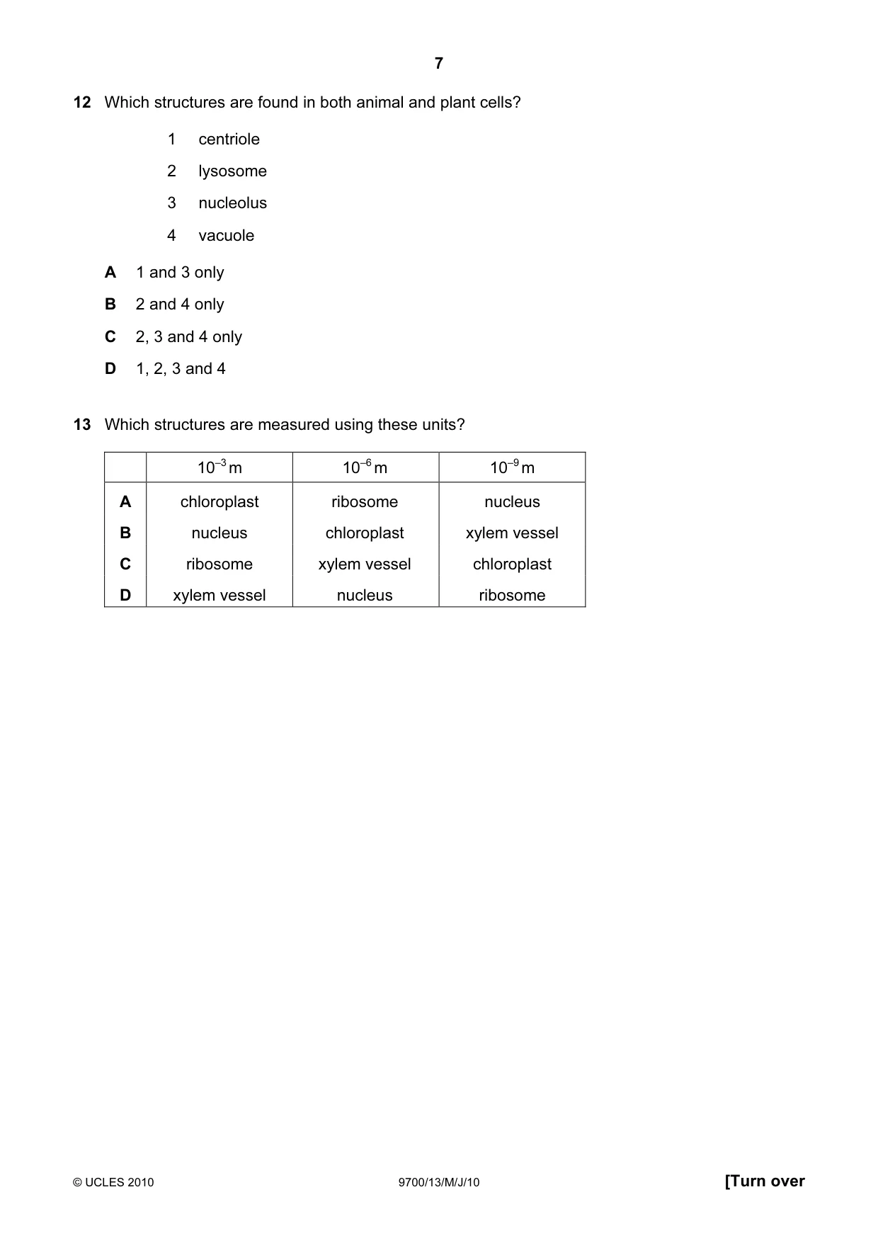 Cambridge A Level Biology 9700 2010 May/June Paper 1 · Variant 3 question paper, page 7 of 20
