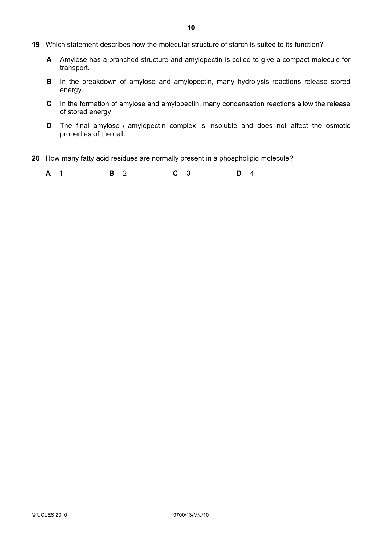 Cambridge A Level Biology 9700 2010 May/June Paper 1 · Variant 3 question paper, page 10 of 20