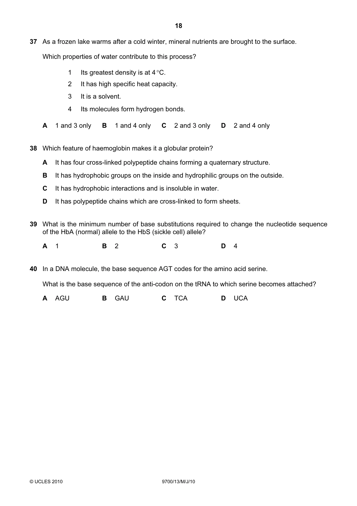 Cambridge A Level Biology 9700 2010 May/June Paper 1 · Variant 3 question paper, page 18 of 20