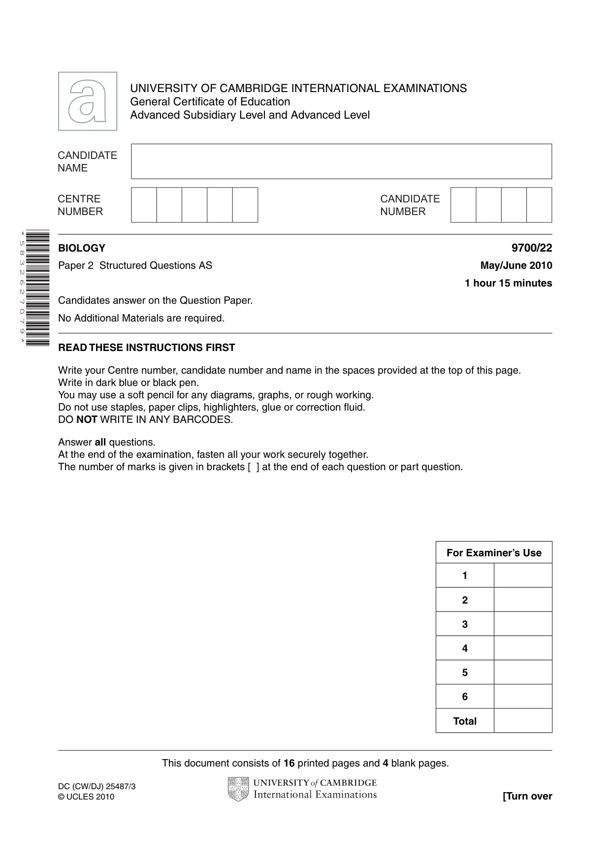 Cambridge A Level Biology 9700 2010 May/June Paper 2 · Variant 2 question paper, page 1 of 20