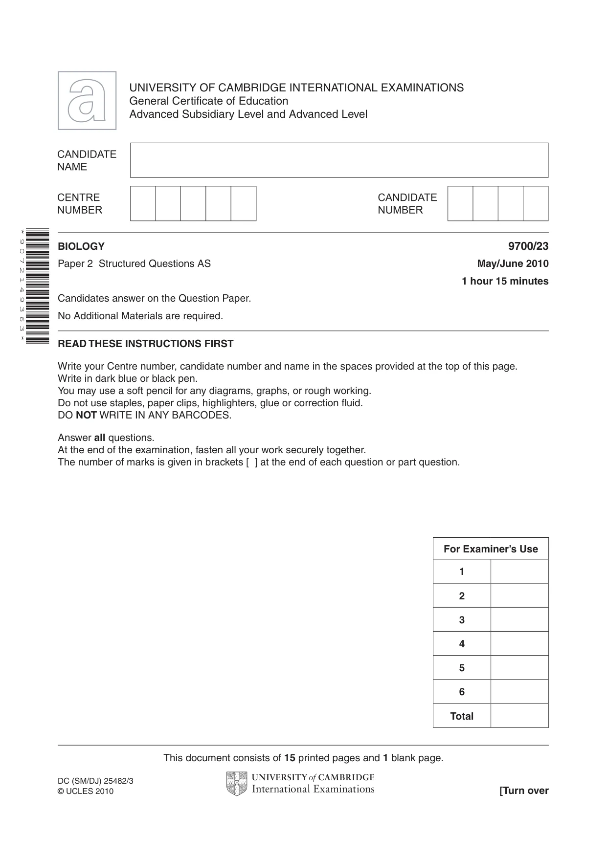 Cambridge A Level Biology 9700 2010 May/June Paper 2 · Variant 3 question paper, page 1 of 16