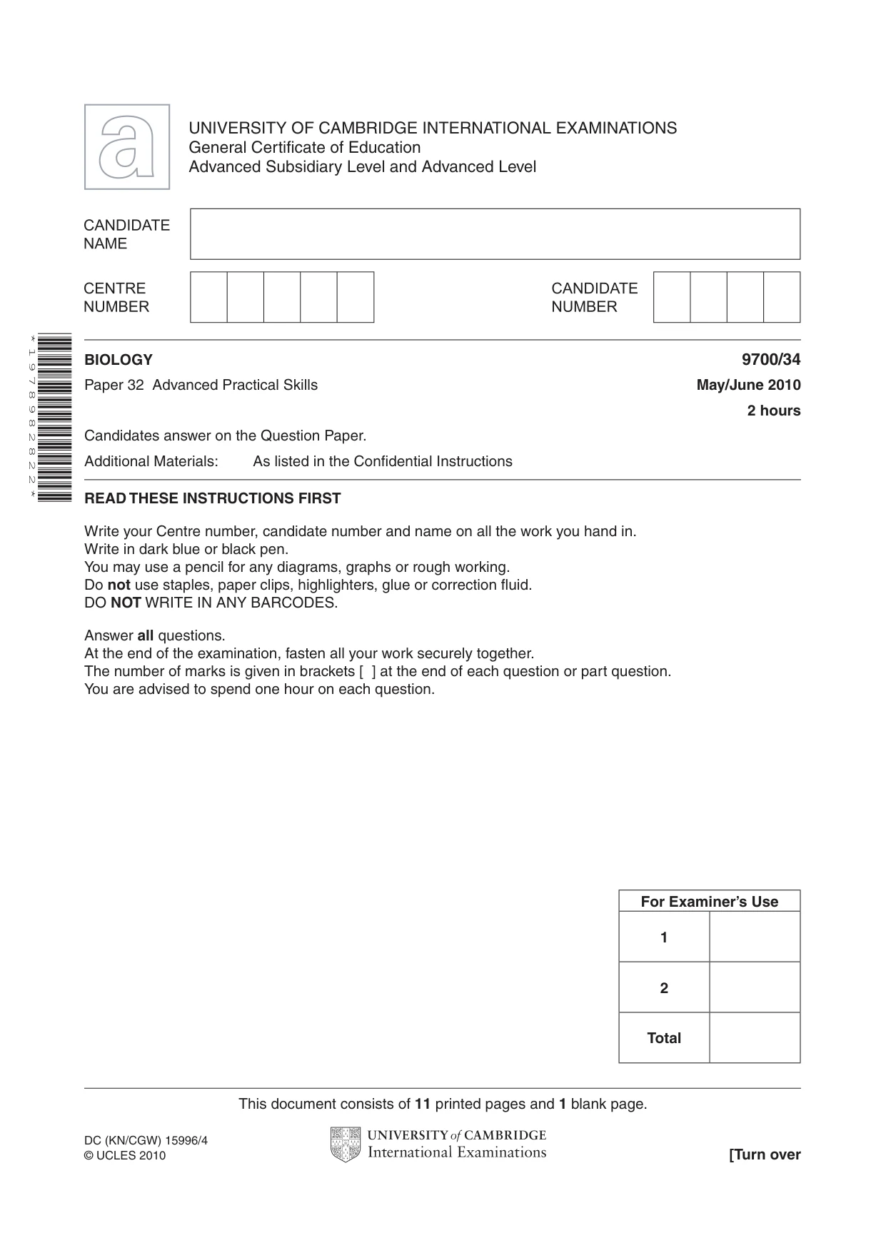 Cambridge A Level Biology 9700 2010 May/June Paper 3 · Variant 4 question paper, page 1 of 12