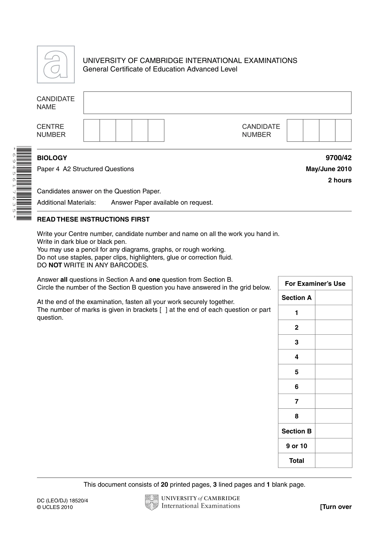 Cambridge A Level Biology 9700 2010 May/June Paper 4 · Variant 2 question paper, page 1 of 24