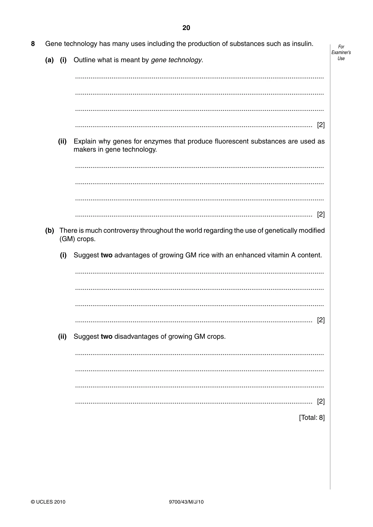 Cambridge A Level Biology 9700 2010 May/June Paper 4 · Variant 3 question paper, page 20 of 24