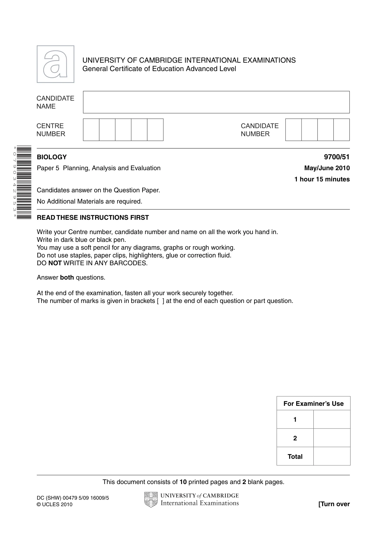 Cambridge A Level Biology 9700 2010 May/June Paper 5 · Variant 1 question paper, page 1 of 12