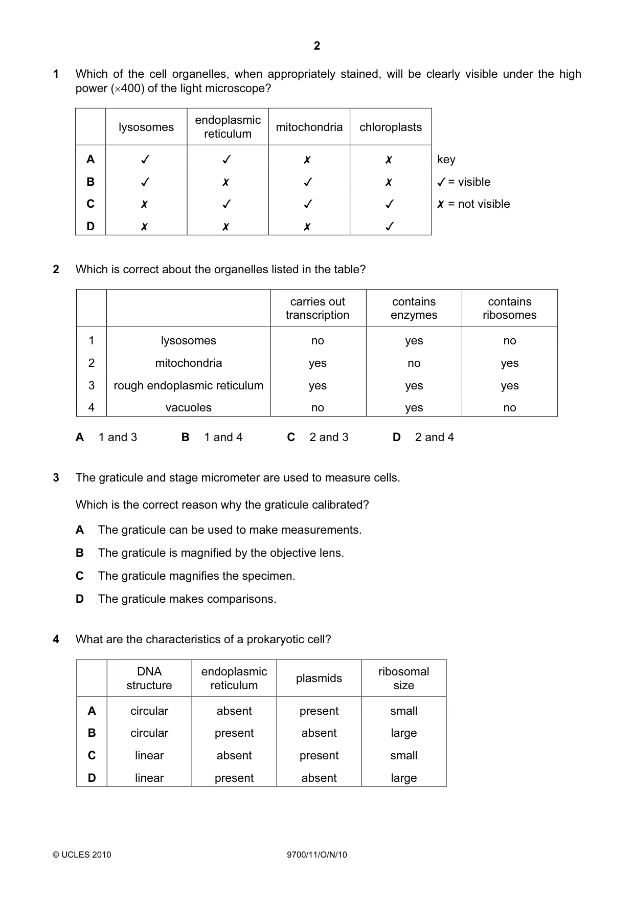 Cambridge A Level Biology 9700 2010 Oct/Nov Paper 1 · Variant 1 question paper, page 2 of 20