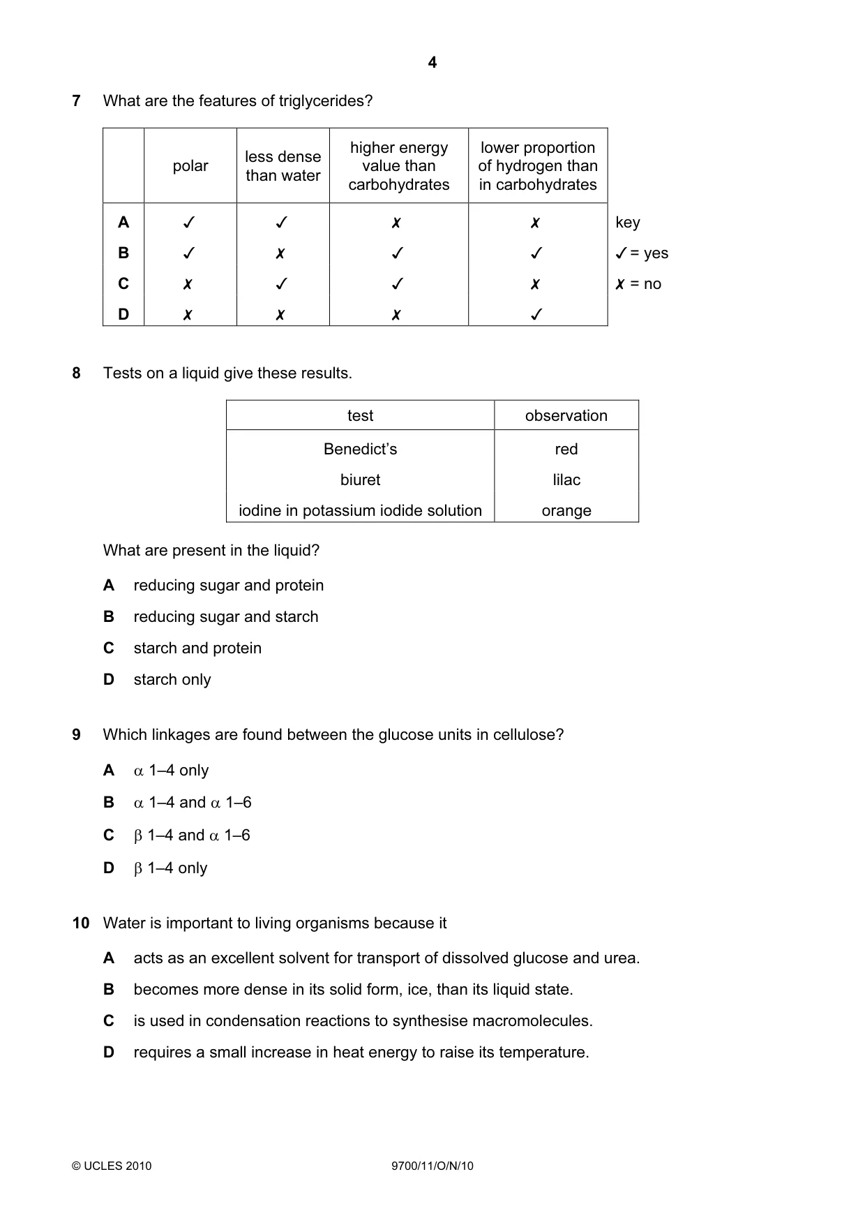 Cambridge A Level Biology 9700 2010 Oct/Nov Paper 1 · Variant 1 question paper, page 4 of 20