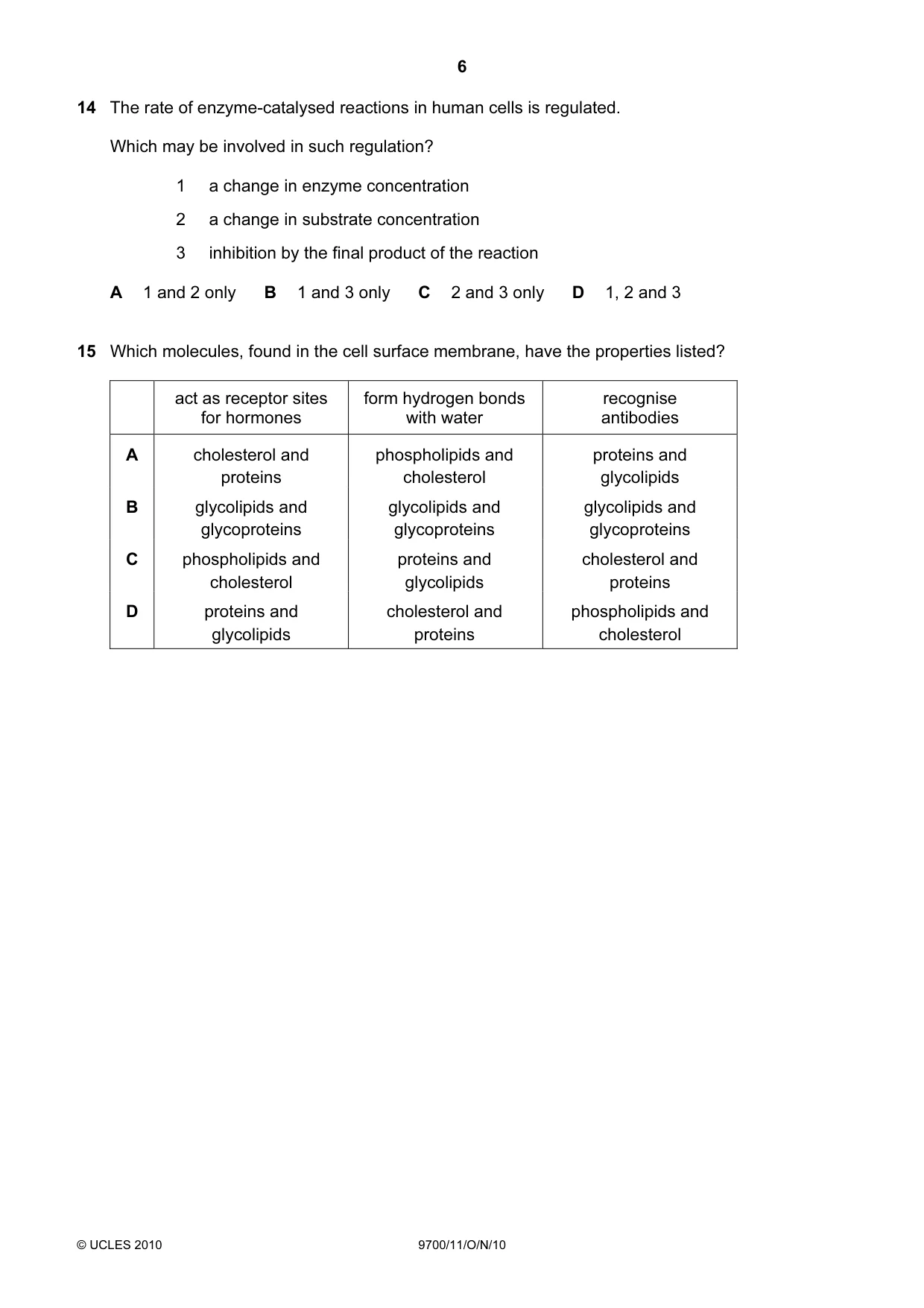 Cambridge A Level Biology 9700 2010 Oct/Nov Paper 1 · Variant 1 question paper, page 6 of 20