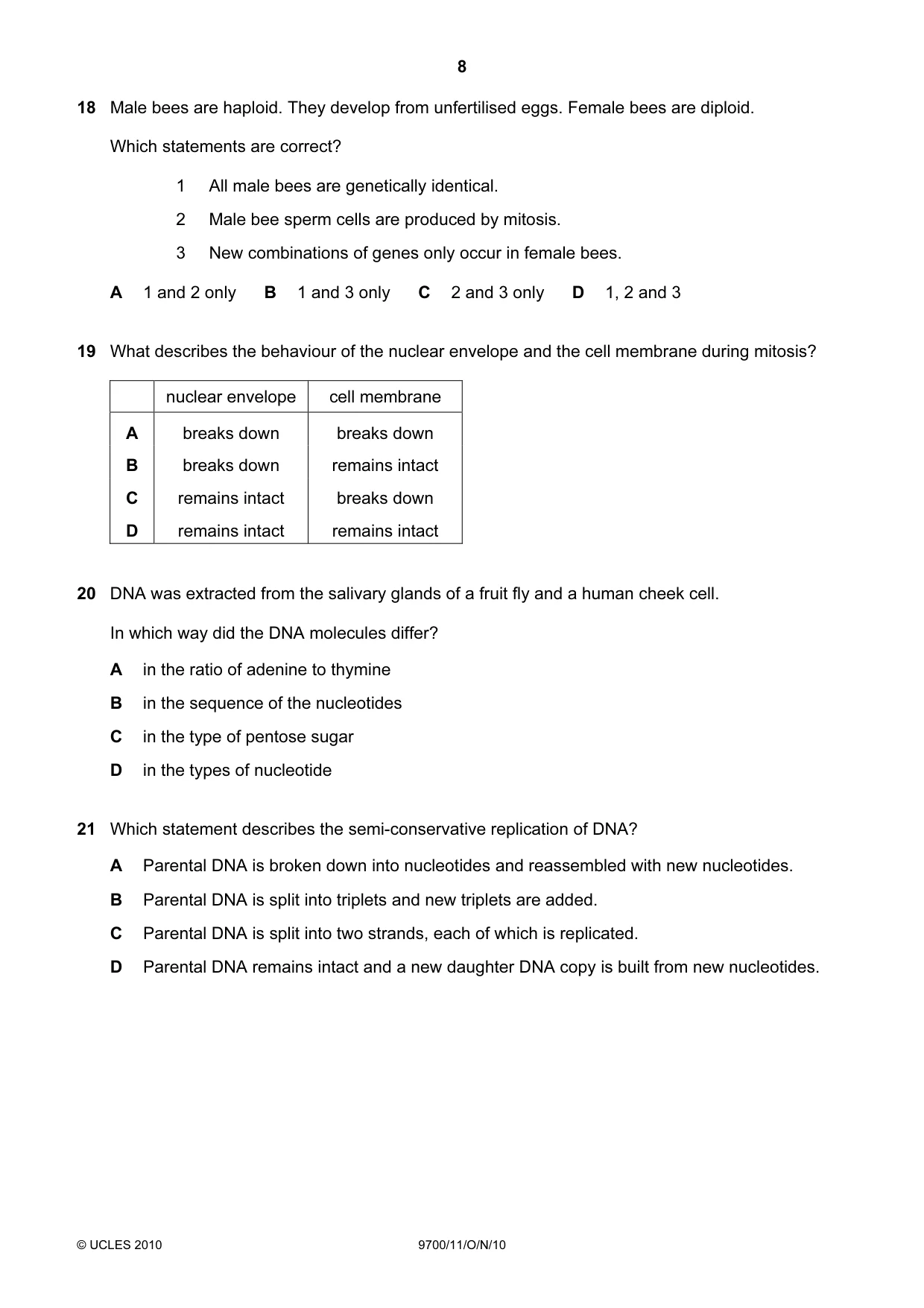 Cambridge A Level Biology 9700 2010 Oct/Nov Paper 1 · Variant 1 question paper, page 8 of 20