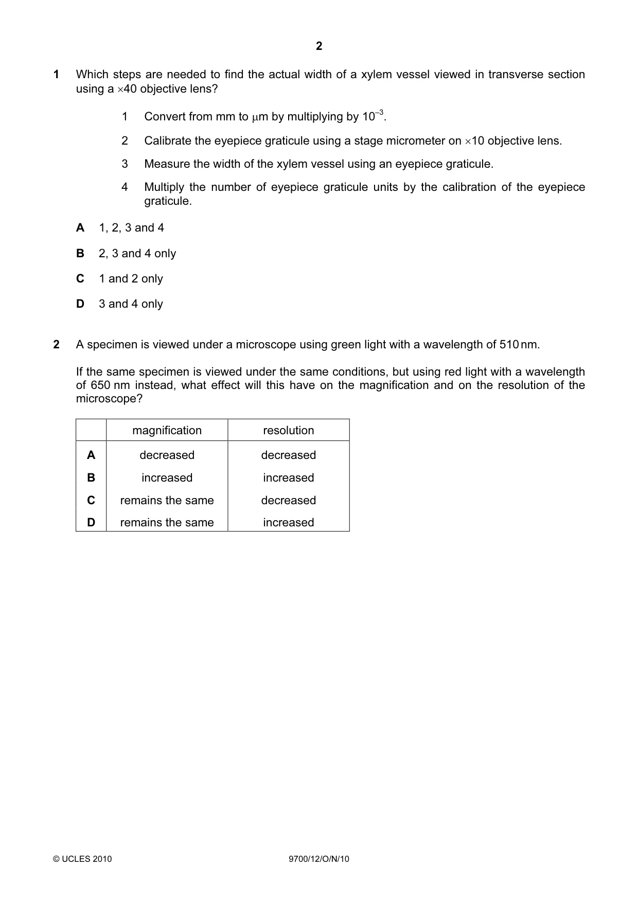 Cambridge A Level Biology 9700 2010 Oct/Nov Paper 1 · Variant 2 question paper, page 2 of 20