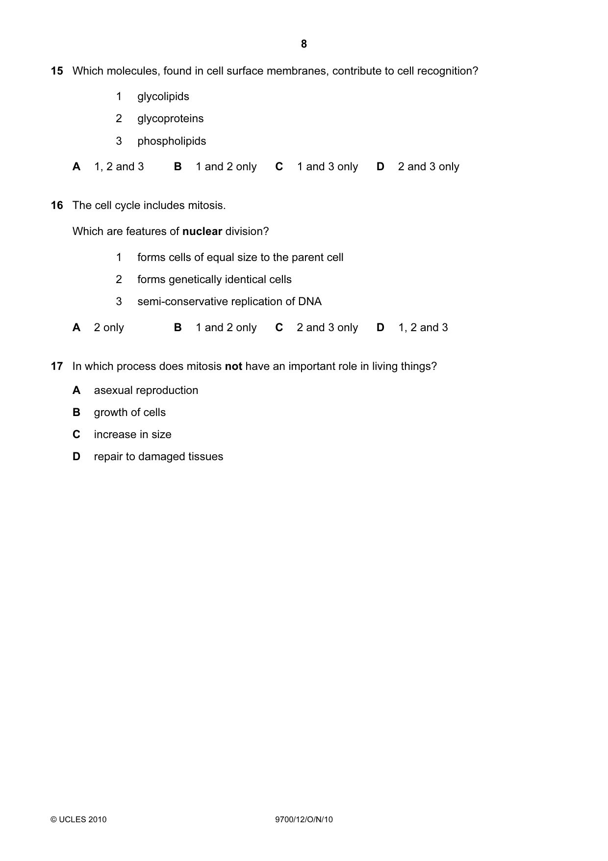 Cambridge A Level Biology 9700 2010 Oct/Nov Paper 1 · Variant 2 question paper, page 8 of 20