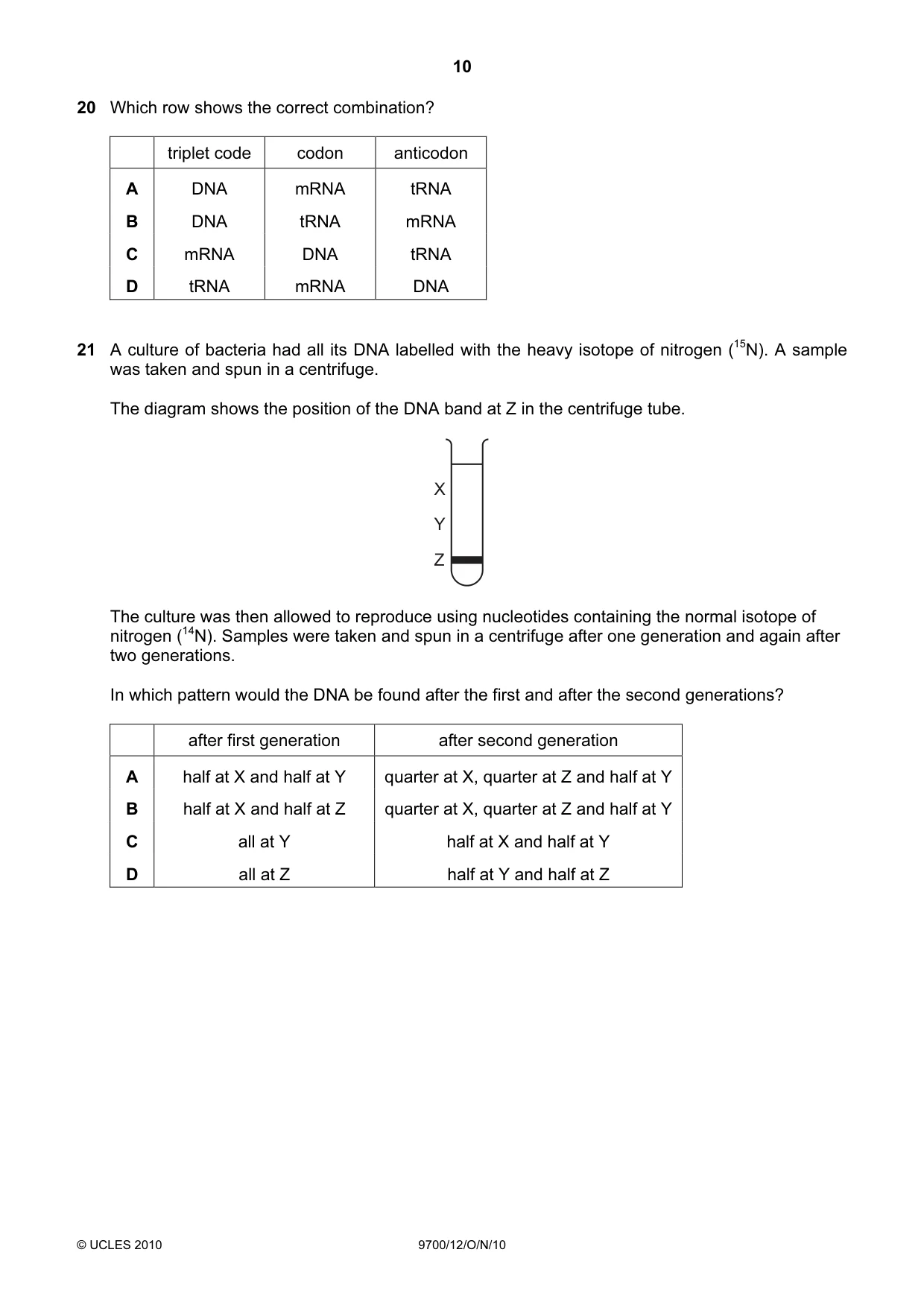 Cambridge A Level Biology 9700 2010 Oct/Nov Paper 1 · Variant 2 question paper, page 10 of 20