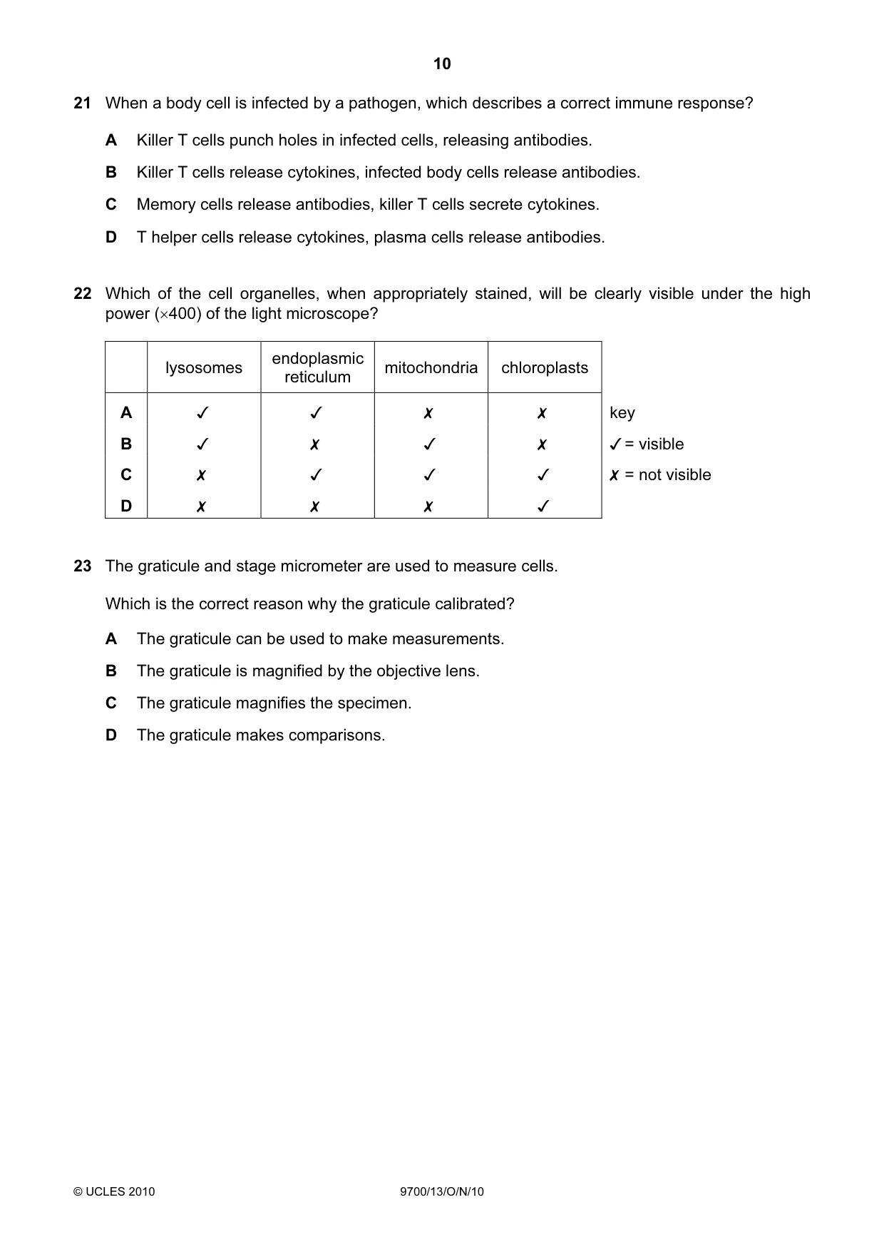 Cambridge A Level Biology 9700 2010 Oct/Nov Paper 1 · Variant 3 question paper, page 10 of 20