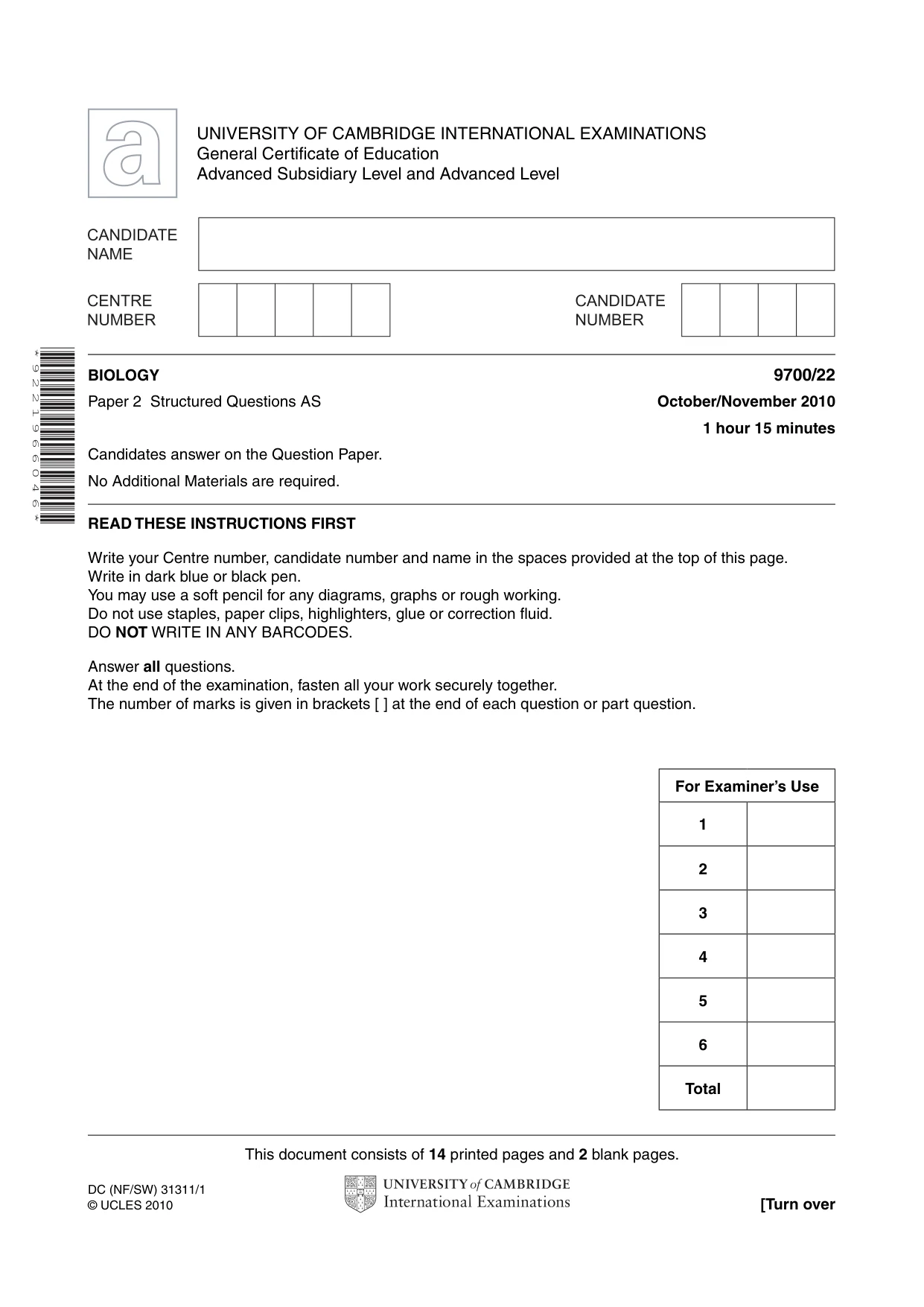 Cambridge A Level Biology 9700 2010 Oct/Nov Paper 2 · Variant 2 question paper, page 1 of 16