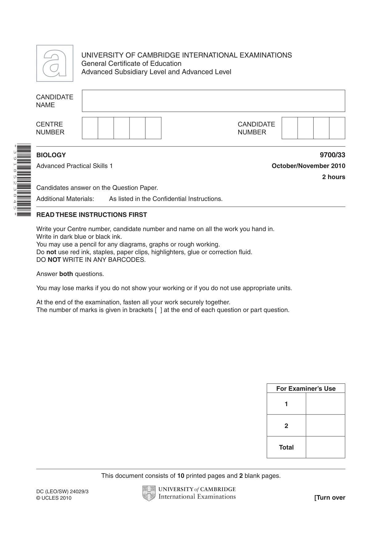 Cambridge A Level Biology 9700 2010 Oct/Nov Paper 3 · Variant 3 question paper, page 1 of 12