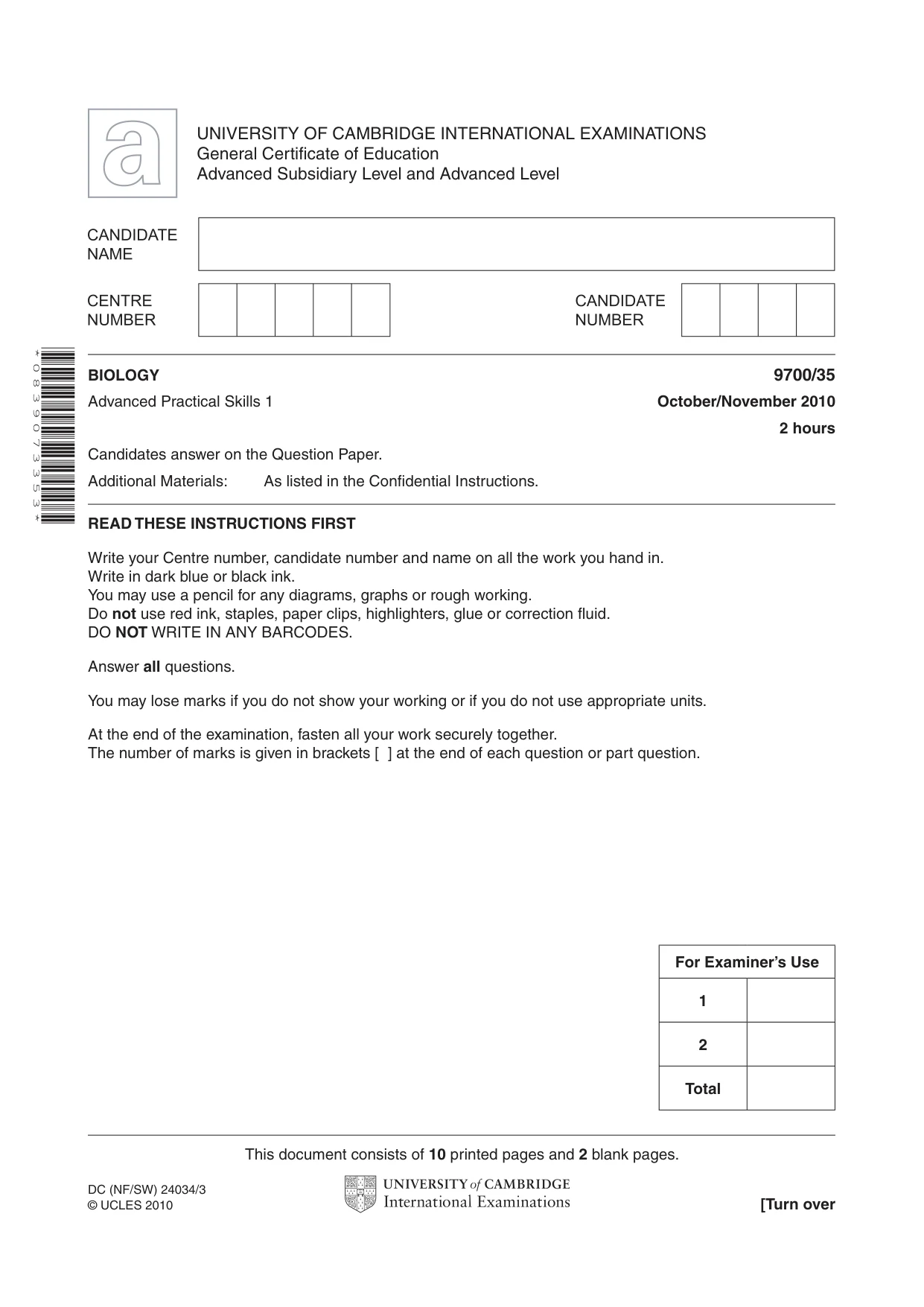 Cambridge A Level Biology 9700 2010 Oct/Nov Paper 3 · Variant 5 question paper, page 1 of 12