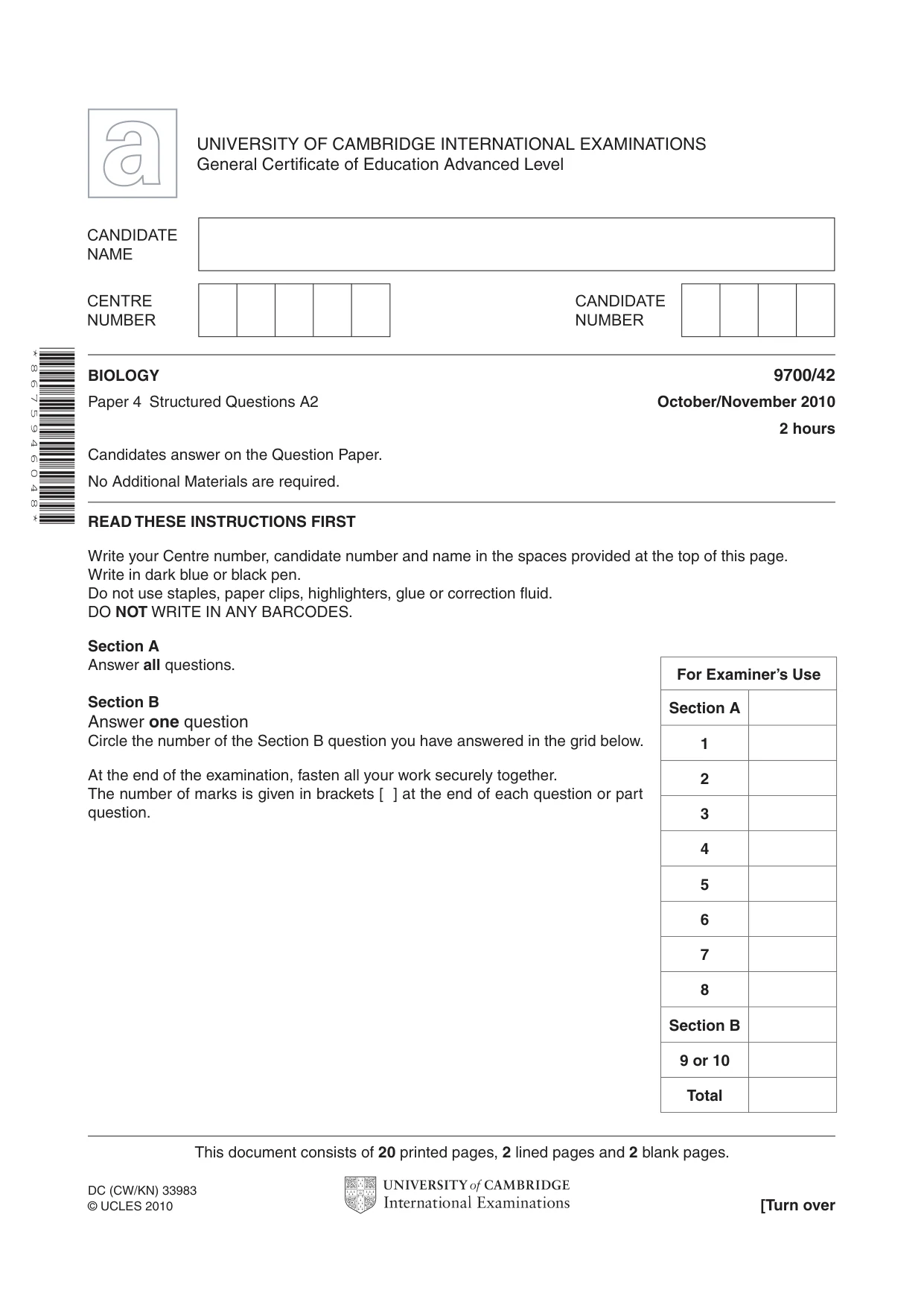 Cambridge A Level Biology 9700 2010 Oct/Nov Paper 4 · Variant 2 question paper, page 1 of 24