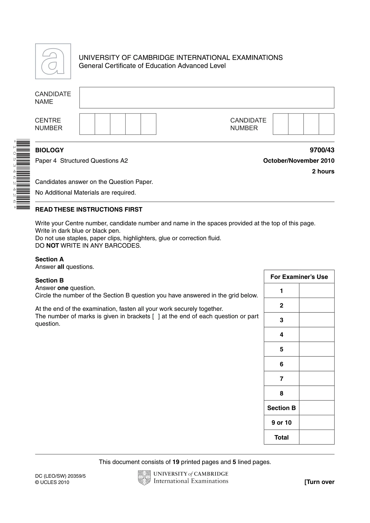 Cambridge A Level Biology 9700 2010 Oct/Nov Paper 4 · Variant 3 question paper, page 1 of 24