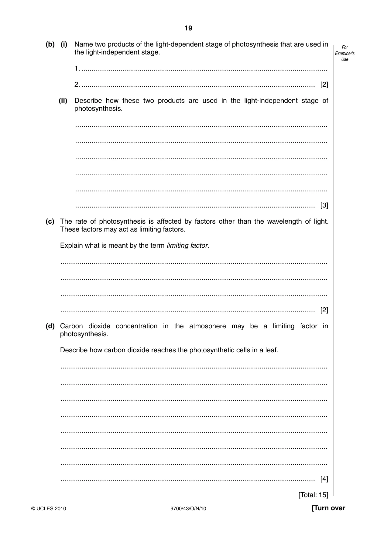 Cambridge A Level Biology 9700 2010 Oct/Nov Paper 4 · Variant 3 question paper, page 19 of 24