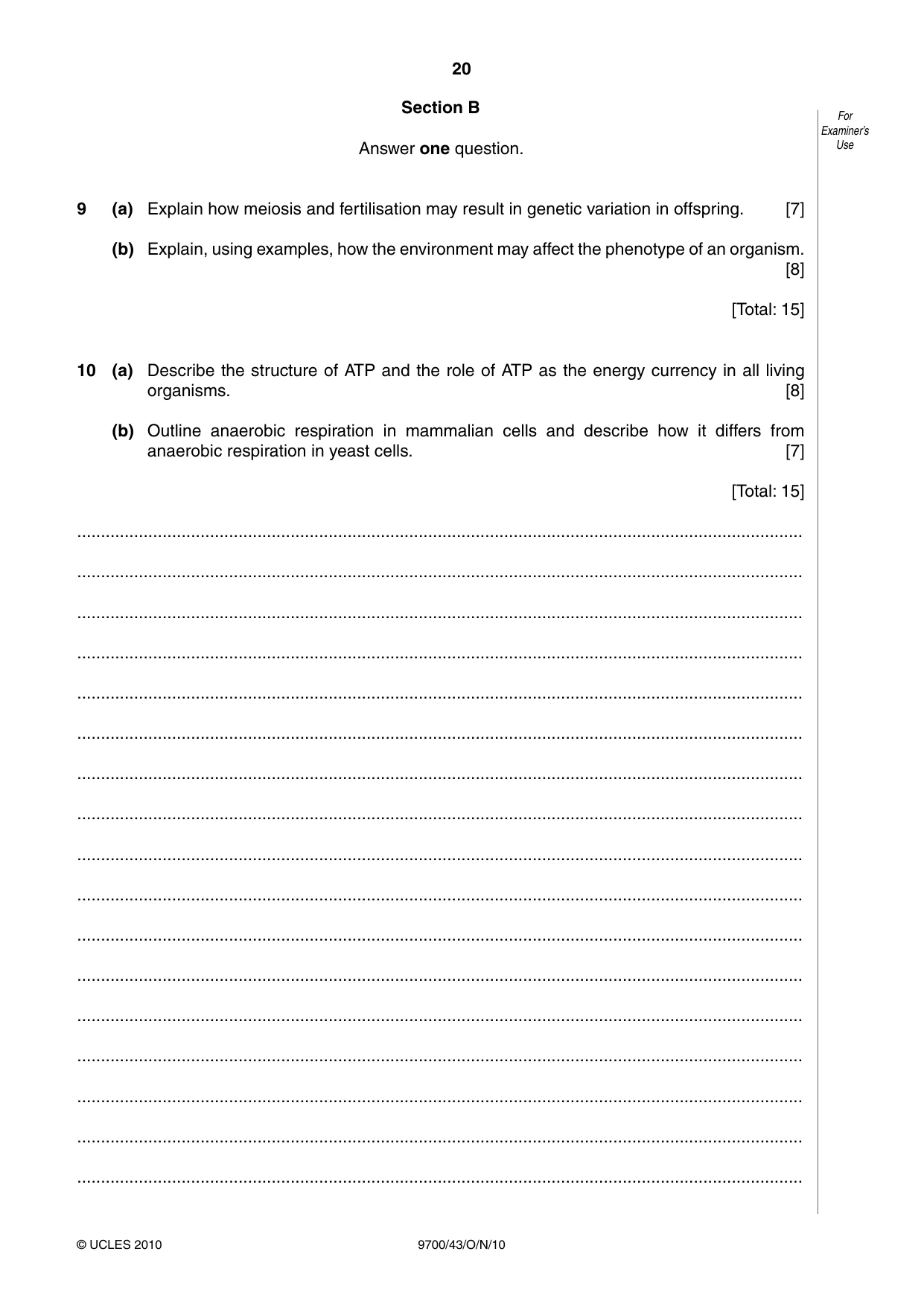 Cambridge A Level Biology 9700 2010 Oct/Nov Paper 4 · Variant 3 question paper, page 20 of 24