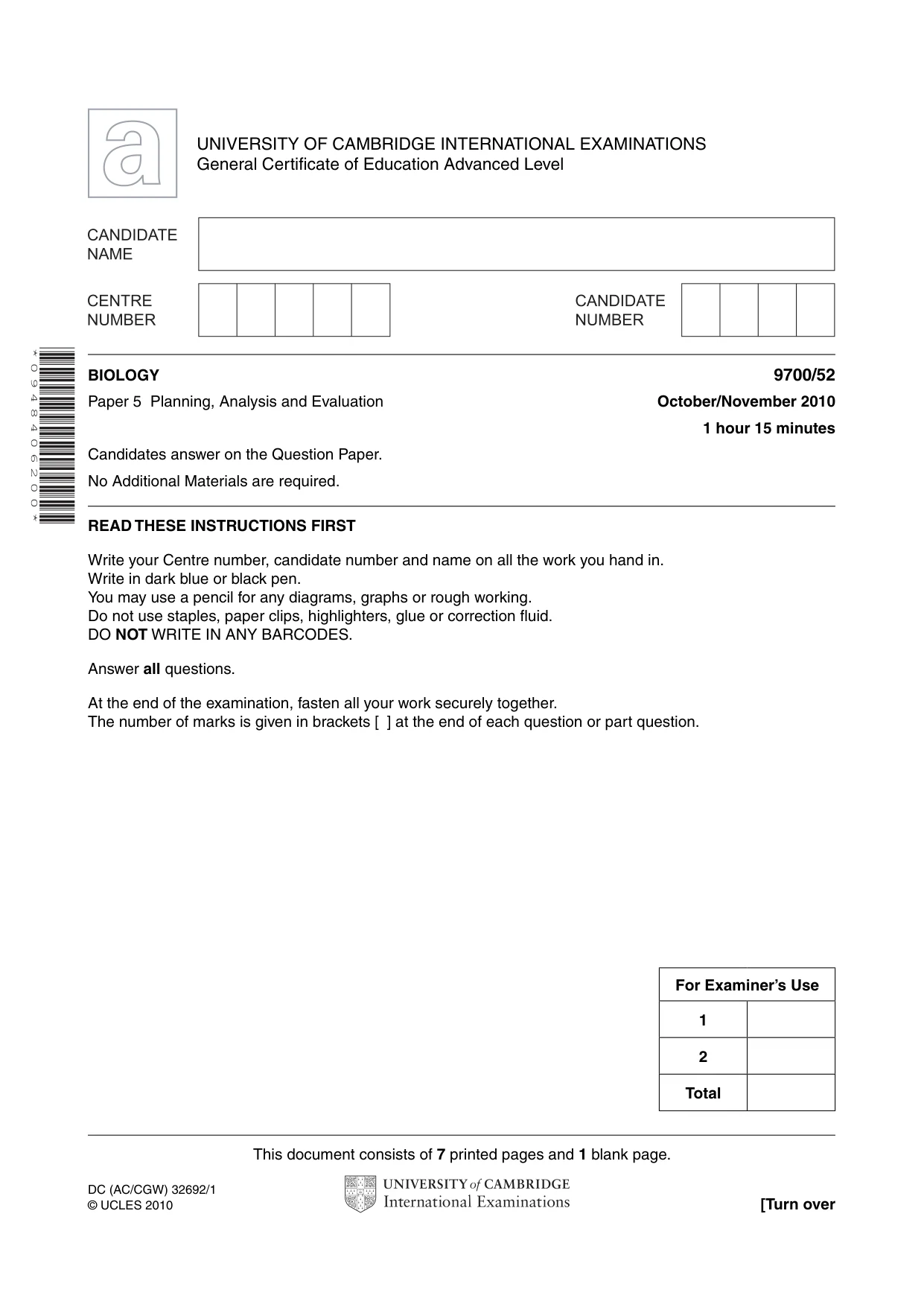 Cambridge A Level Biology 9700 2010 Oct/Nov Paper 5 · Variant 2 question paper, page 1 of 8