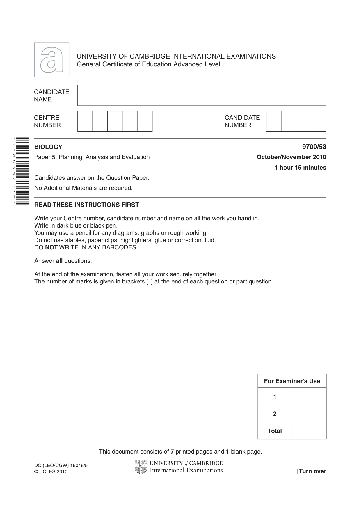 Cambridge A Level Biology 9700 2010 Oct/Nov Paper 5 · Variant 3 question paper, page 1 of 8