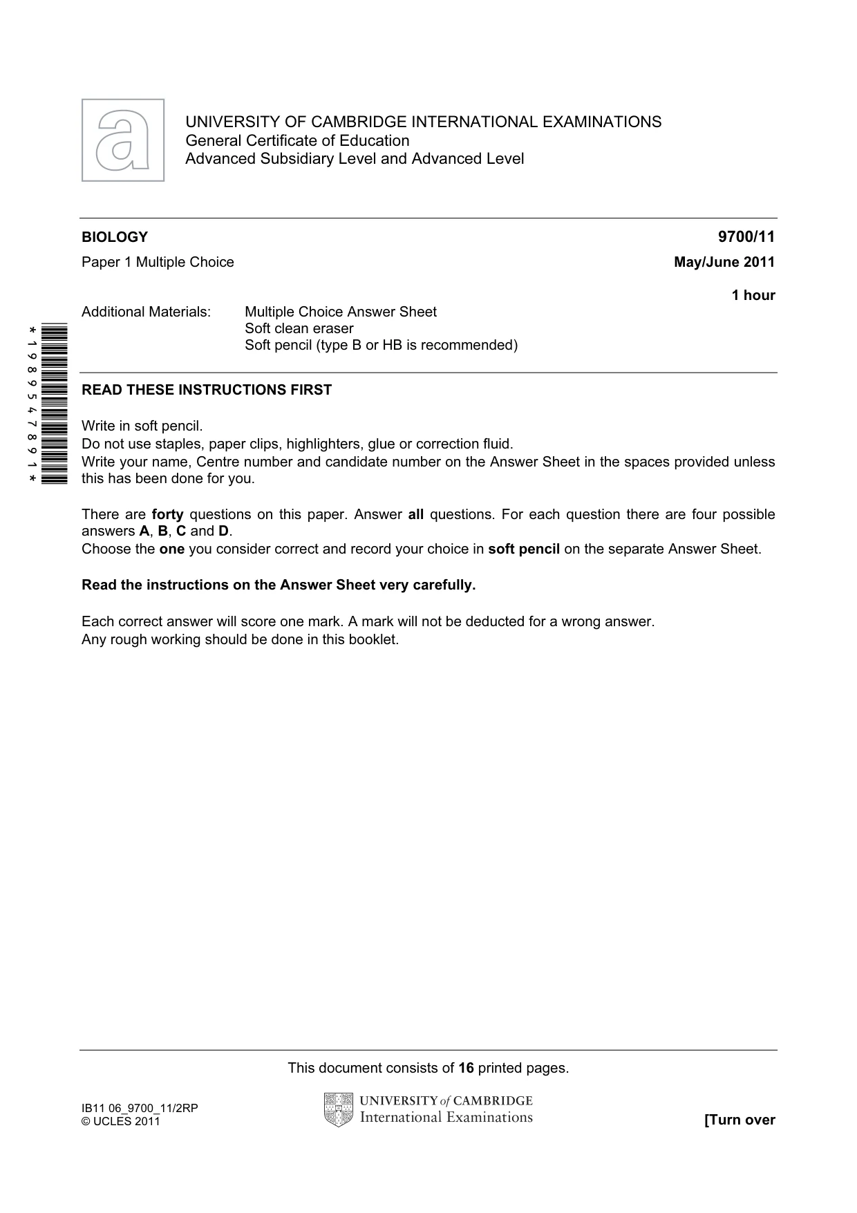 Cambridge A Level Biology 9700 2011 May/June Paper 1 · Variant 1 question paper, page 1 of 16