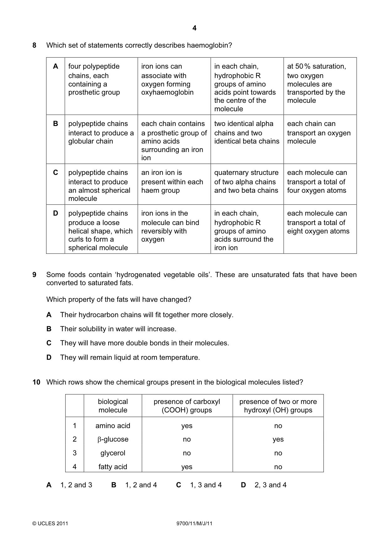 Cambridge A Level Biology 9700 2011 May/June Paper 1 · Variant 1 question paper, page 4 of 16