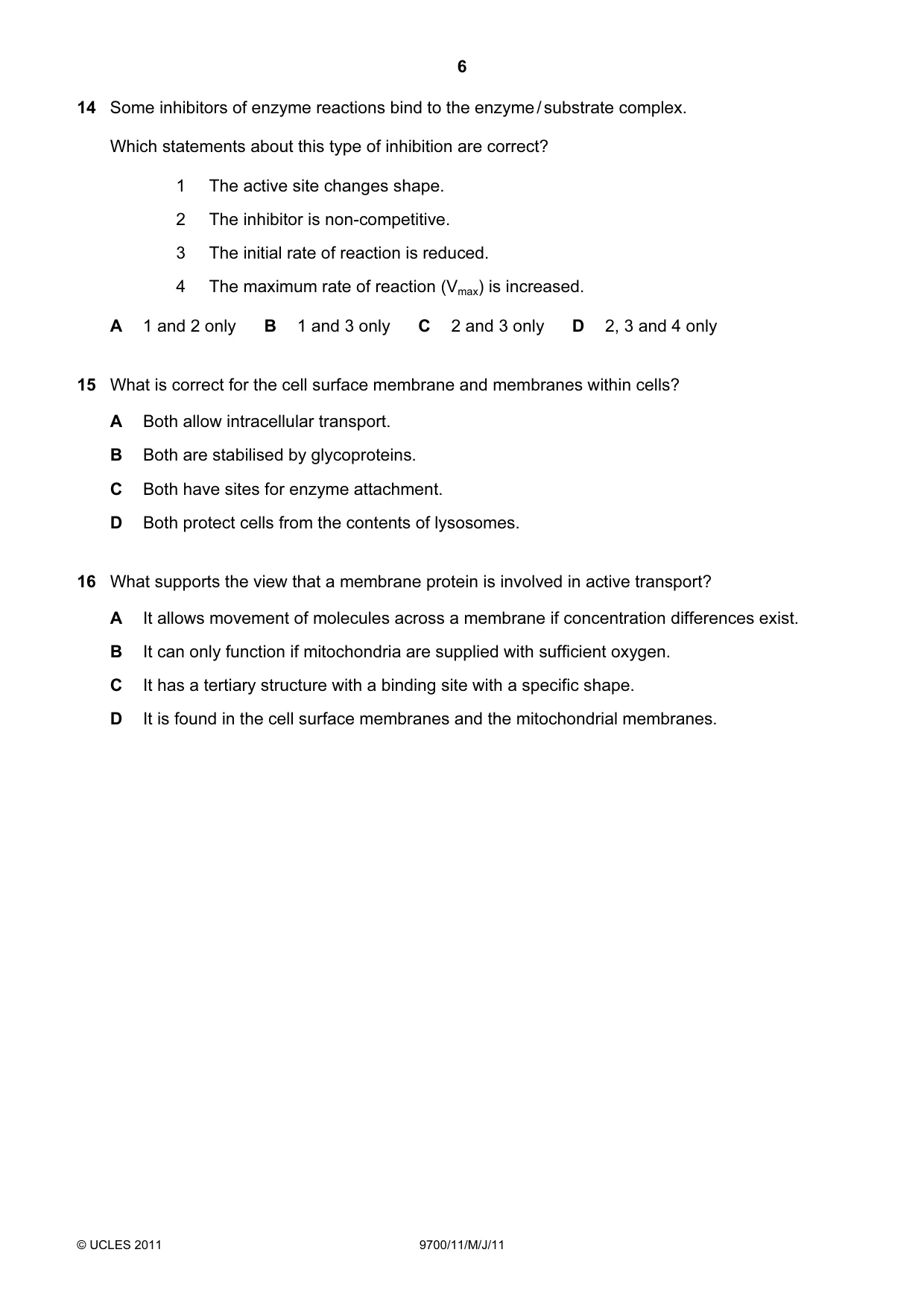Cambridge A Level Biology 9700 2011 May/June Paper 1 · Variant 1 question paper, page 6 of 16