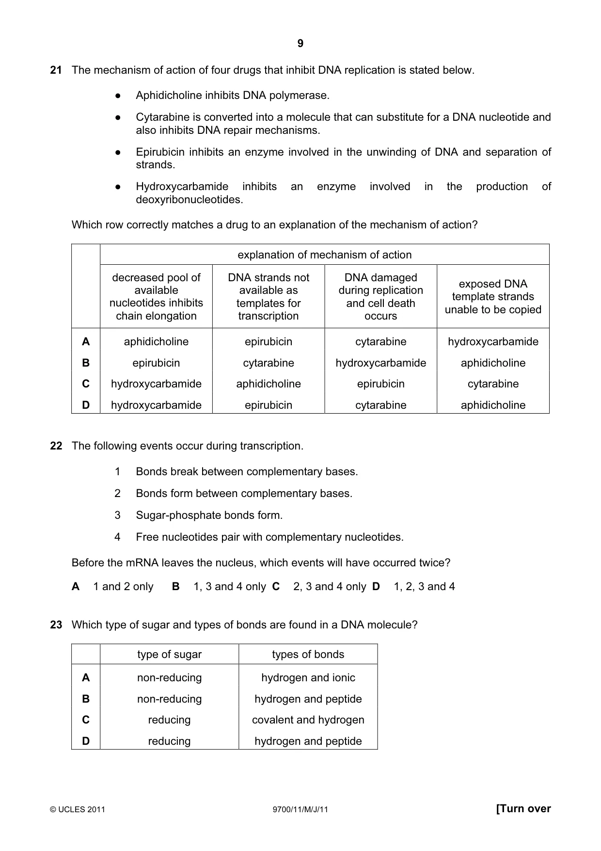 Cambridge A Level Biology 9700 2011 May/June Paper 1 · Variant 1 question paper, page 9 of 16