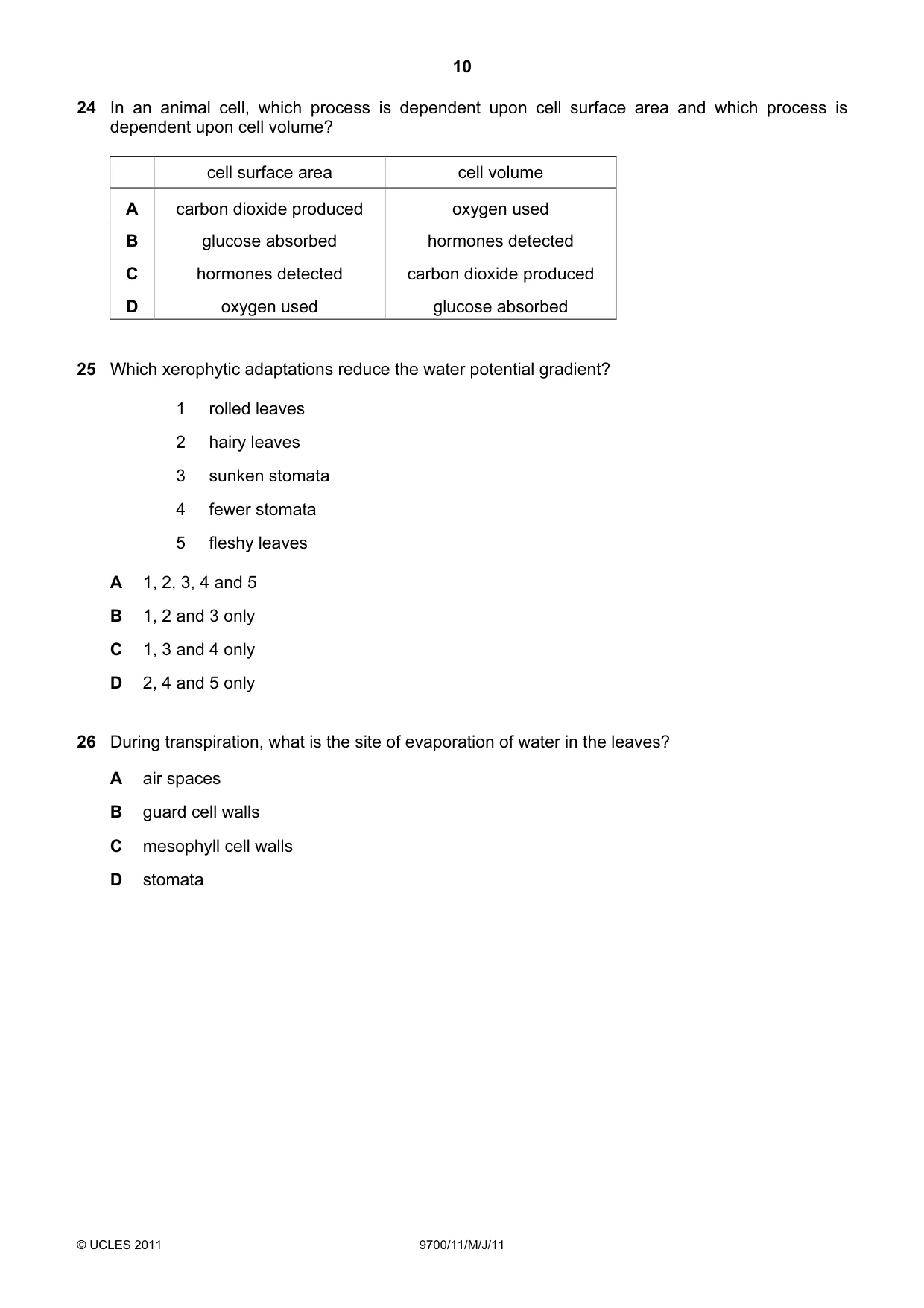 Cambridge A Level Biology 9700 2011 May/June Paper 1 · Variant 1 question paper, page 10 of 16