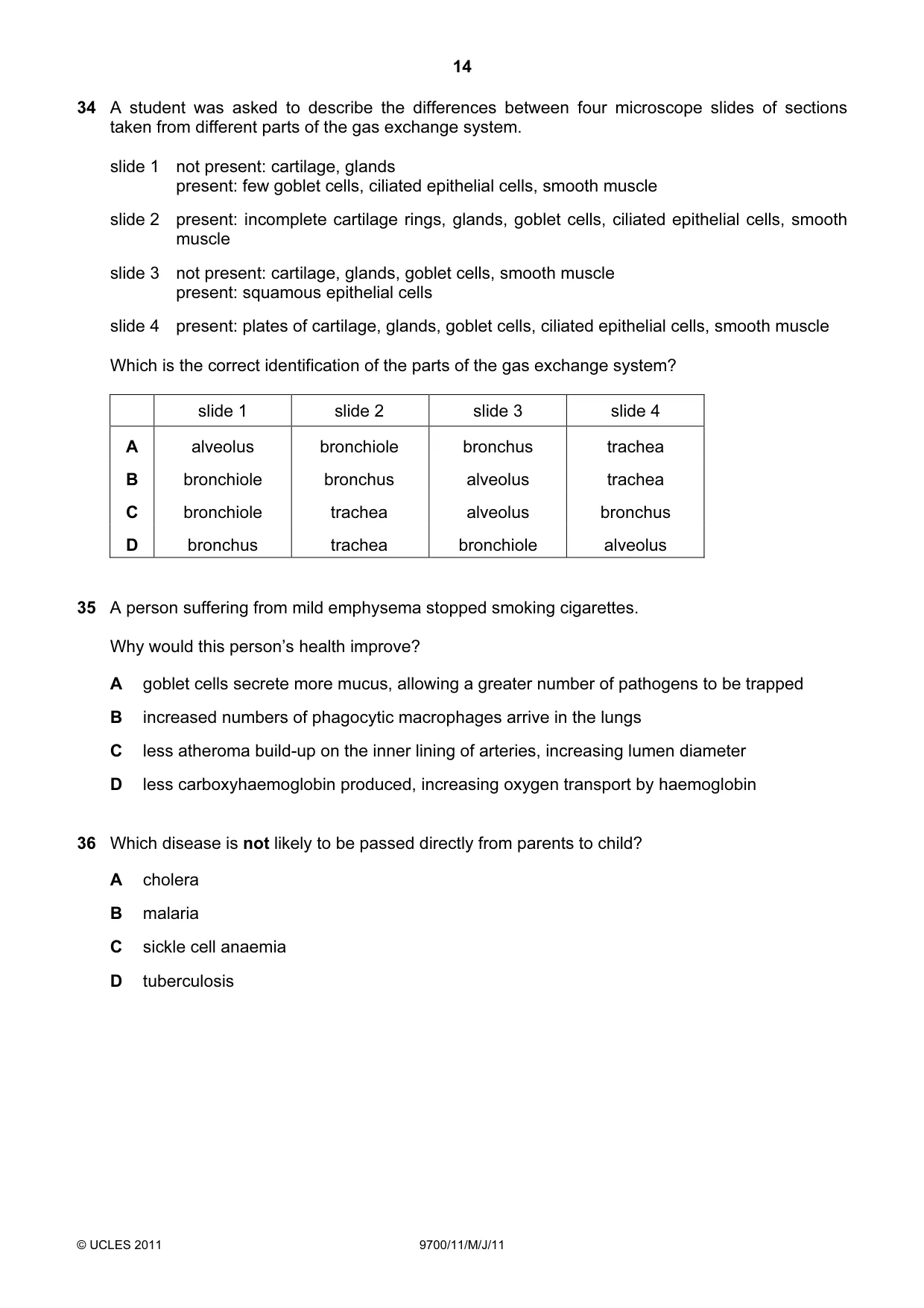 Cambridge A Level Biology 9700 2011 May/June Paper 1 · Variant 1 question paper, page 14 of 16