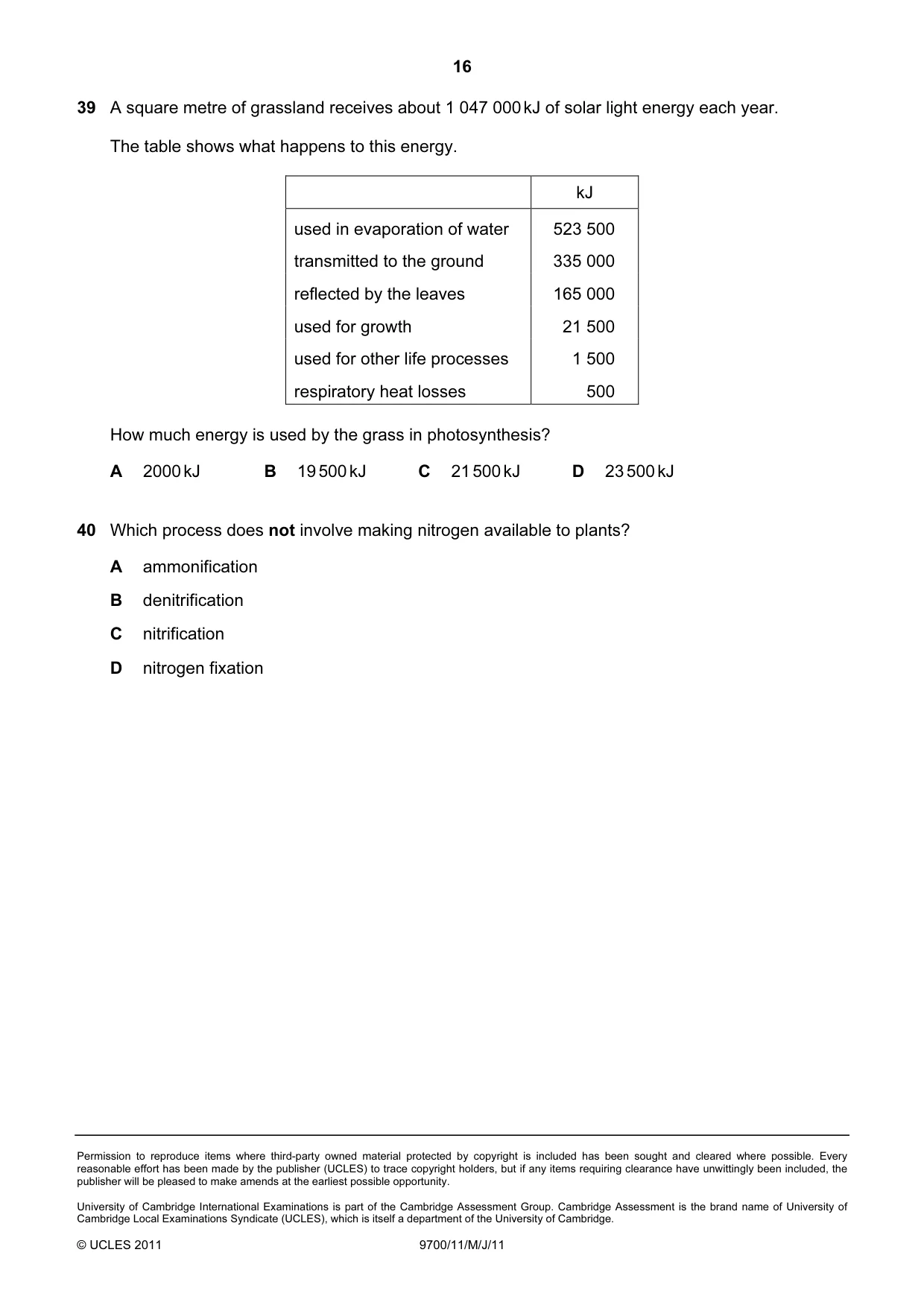 Cambridge A Level Biology 9700 2011 May/June Paper 1 · Variant 1 question paper, page 16 of 16