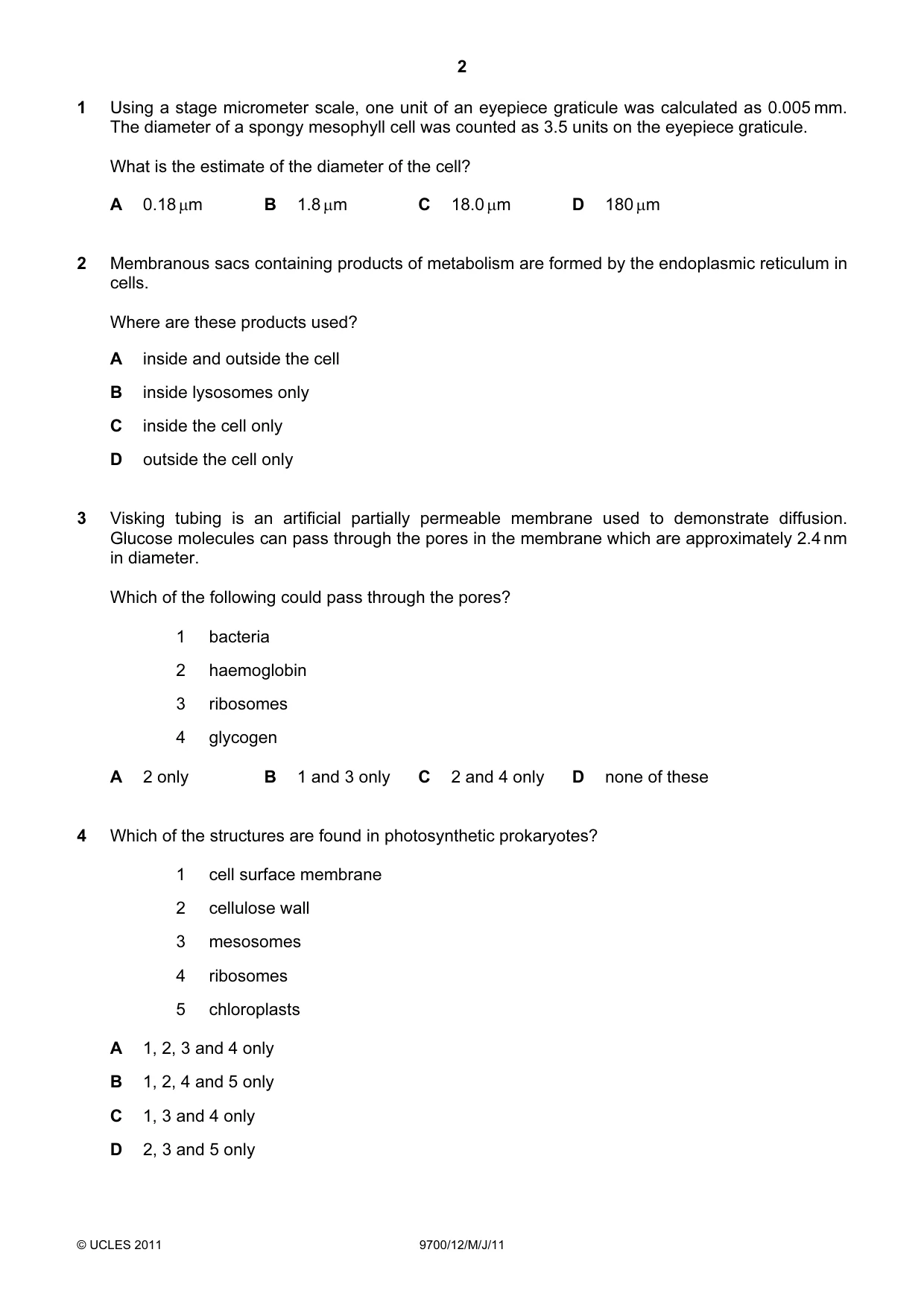 Cambridge A Level Biology 9700 2011 May/June Paper 1 · Variant 2 question paper, page 2 of 16