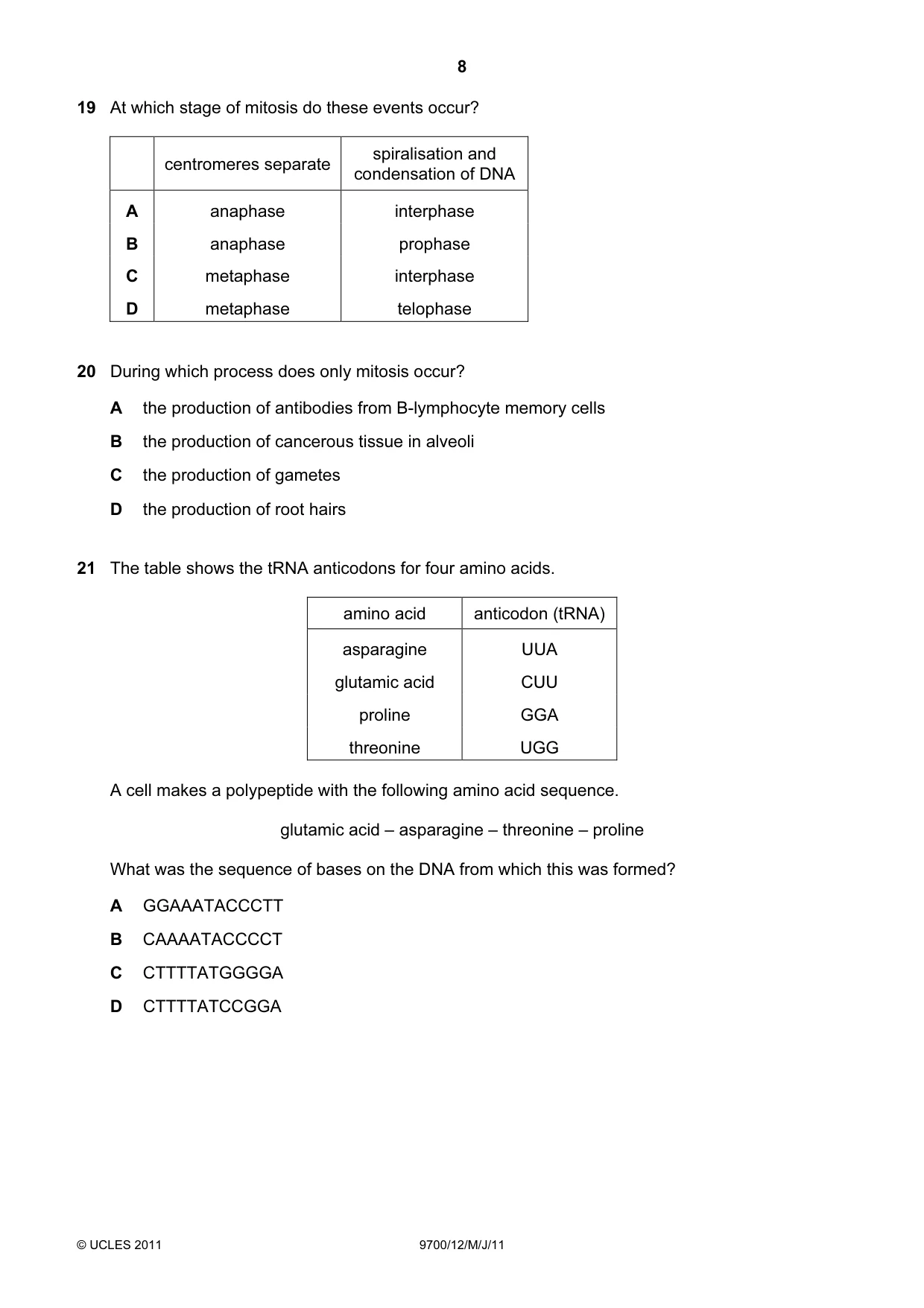 Cambridge A Level Biology 9700 2011 May/June Paper 1 · Variant 2 question paper, page 8 of 16