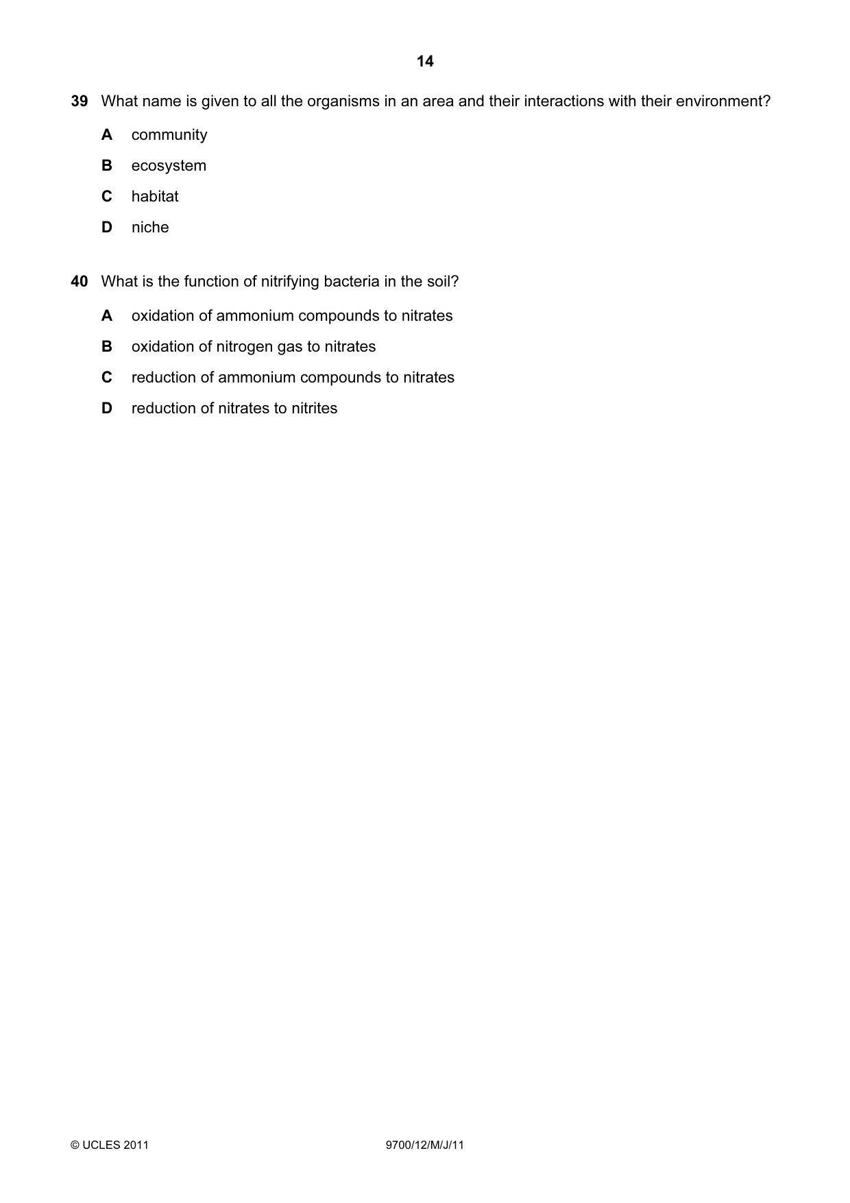 Cambridge A Level Biology 9700 2011 May/June Paper 1 · Variant 2 question paper, page 14 of 16