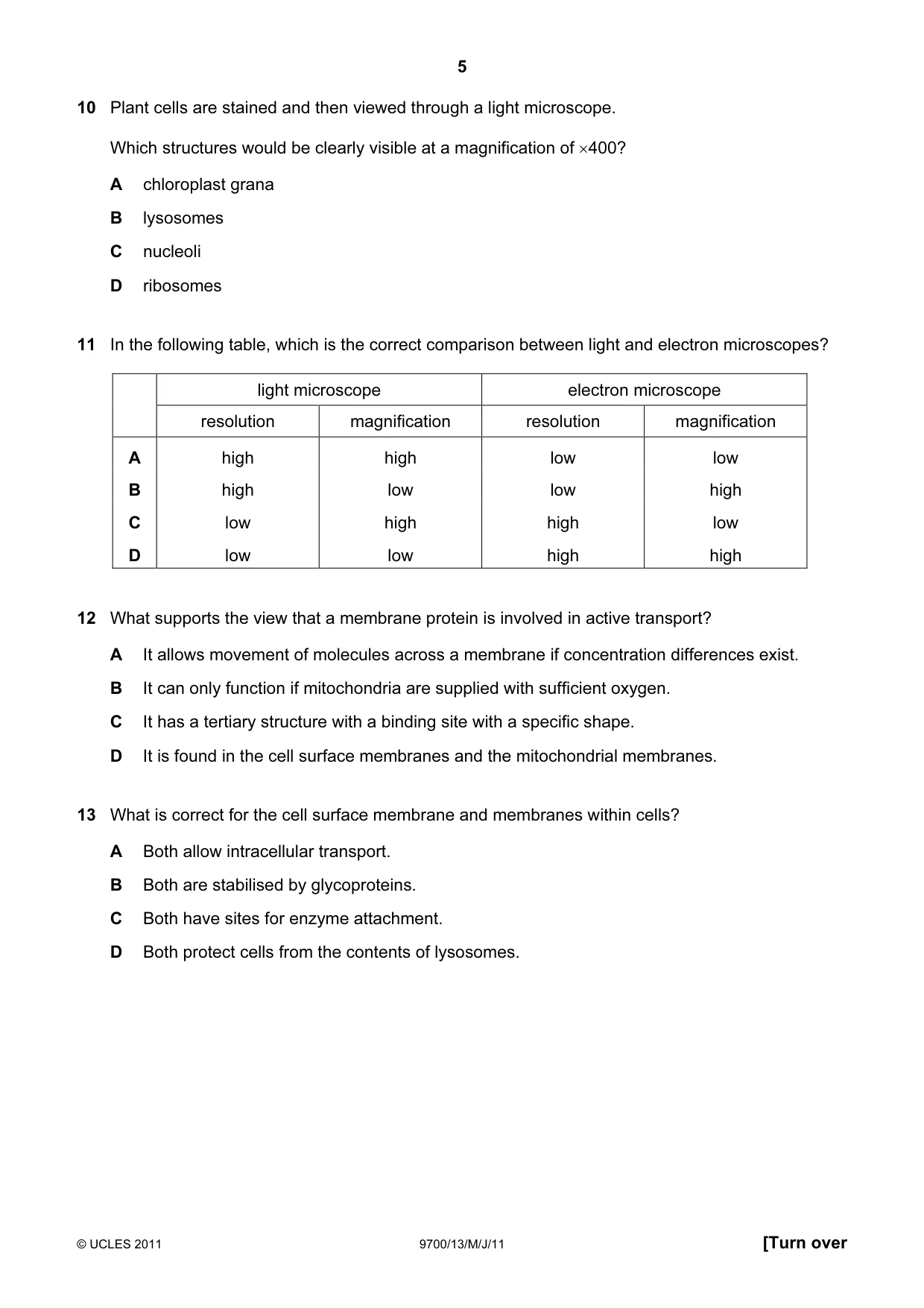 Cambridge A Level Biology 9700 2011 May/June Paper 1 · Variant 3 question paper, page 5 of 16