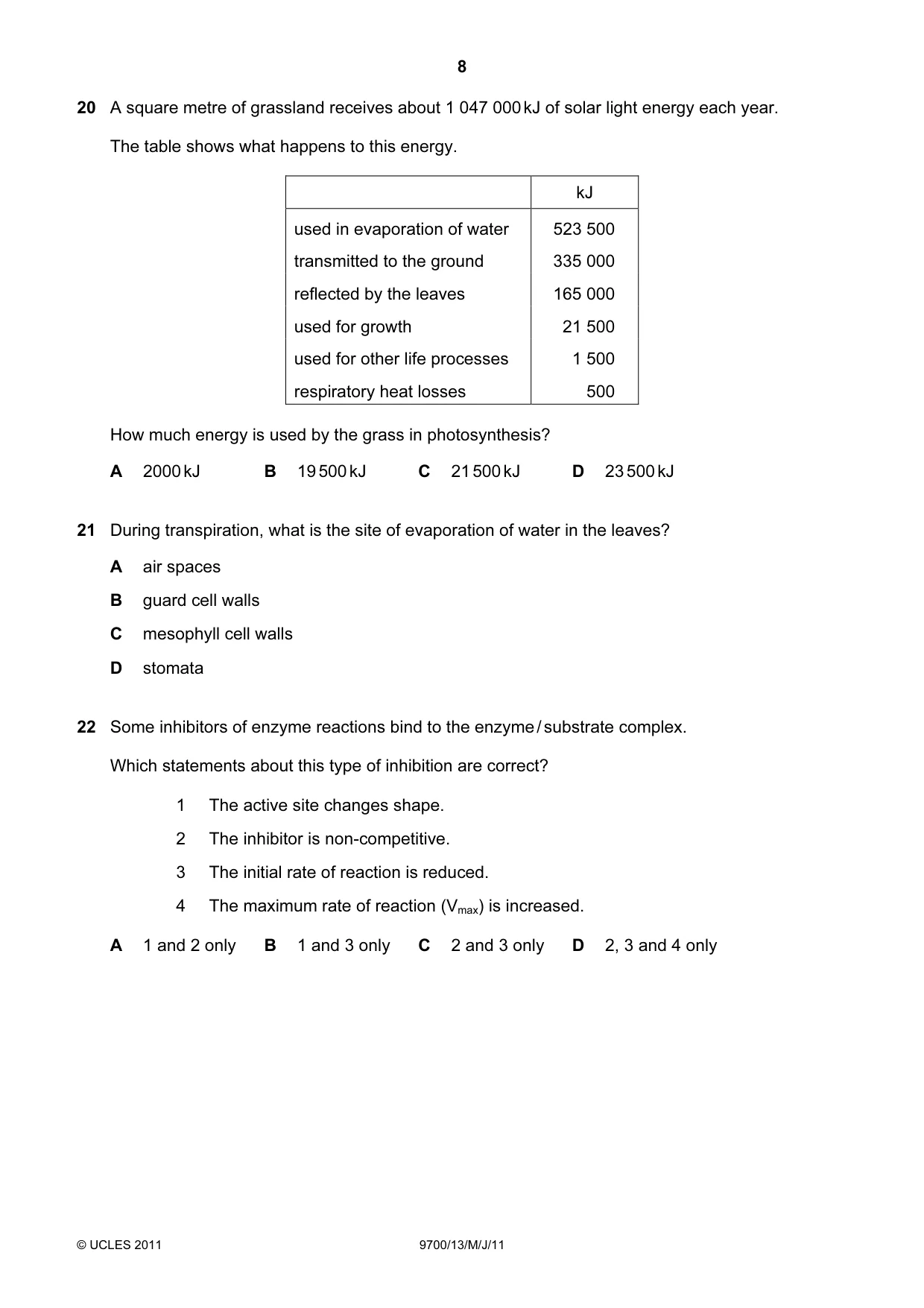 Cambridge A Level Biology 9700 2011 May/June Paper 1 · Variant 3 question paper, page 8 of 16