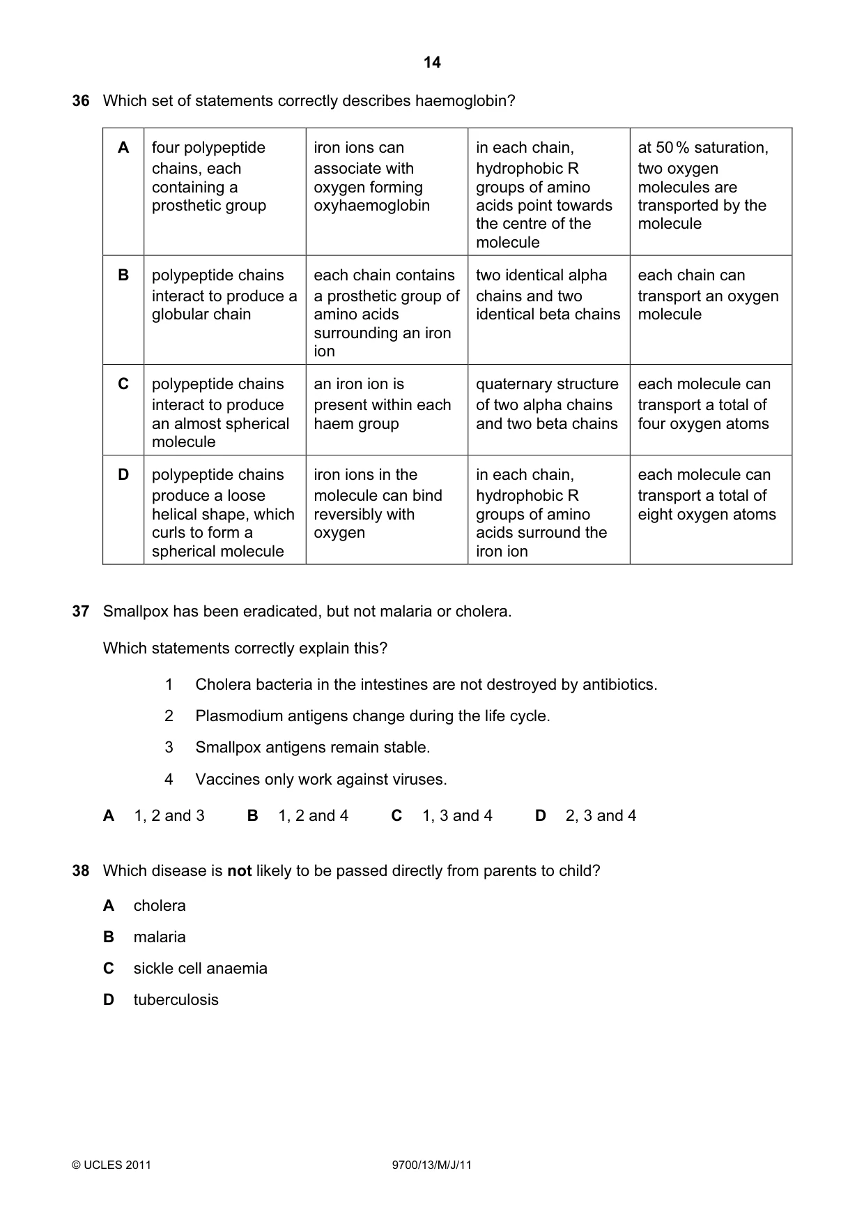 Cambridge A Level Biology 9700 2011 May/June Paper 1 · Variant 3 question paper, page 14 of 16