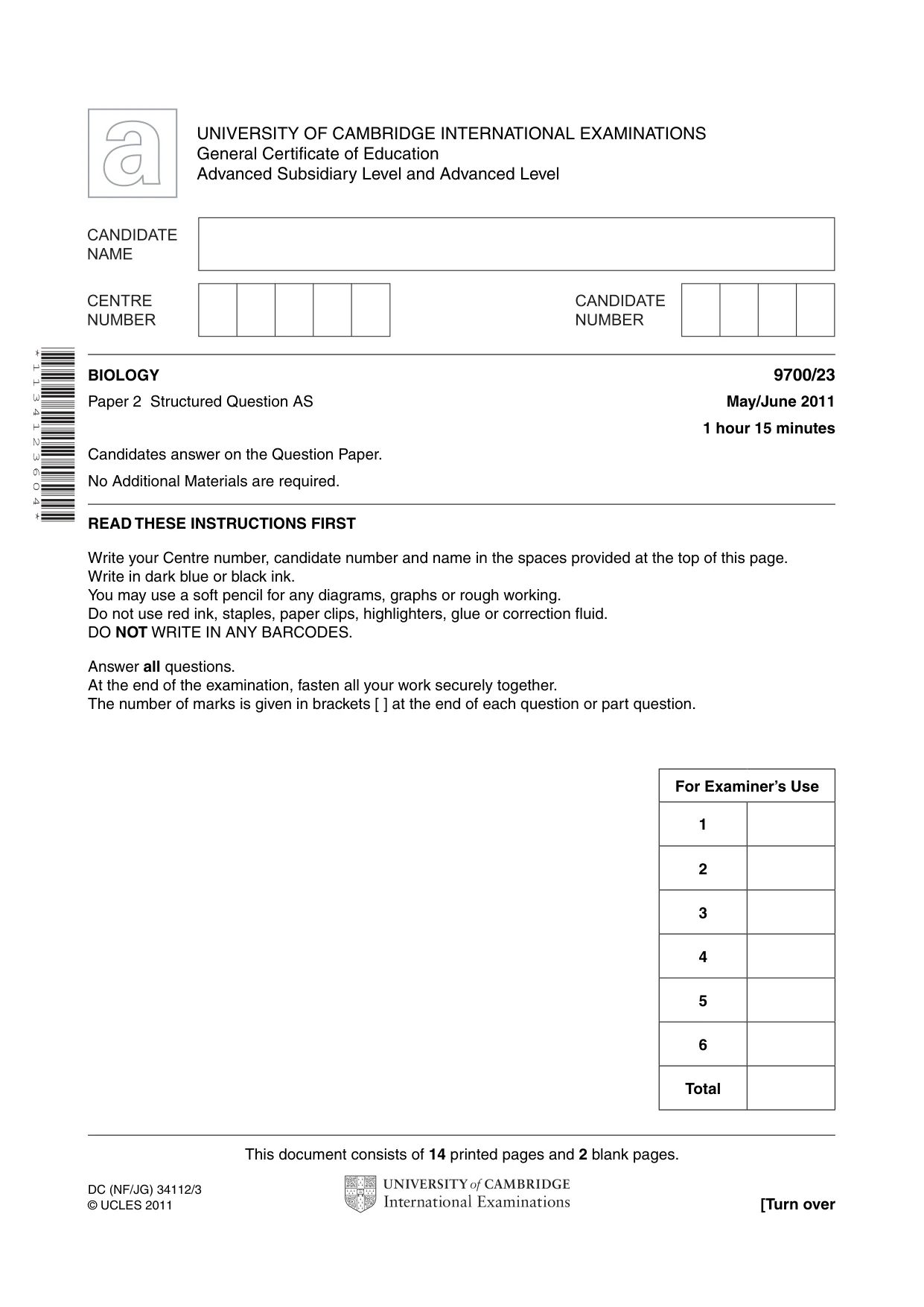 Cambridge A Level Biology 9700 2011 May/June Paper 2 · Variant 3 question paper, page 1 of 16