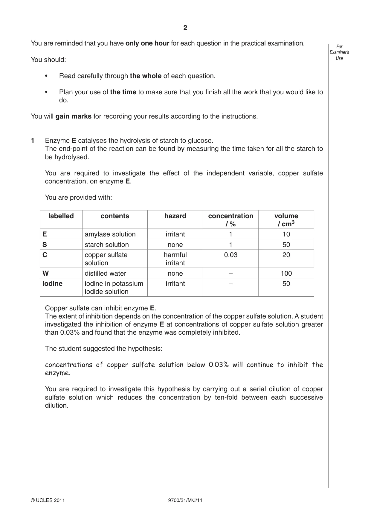 Cambridge A Level Biology 9700 2011 May/June Paper 3 · Variant 1 question paper, page 2 of 12