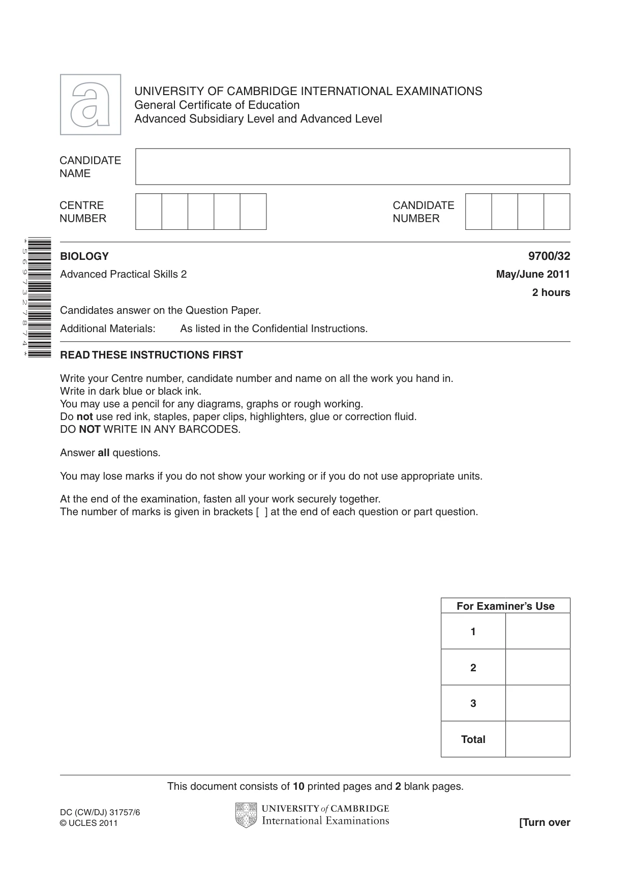 Cambridge A Level Biology 9700 2011 May/June Paper 3 · Variant 2 question paper, page 1 of 12