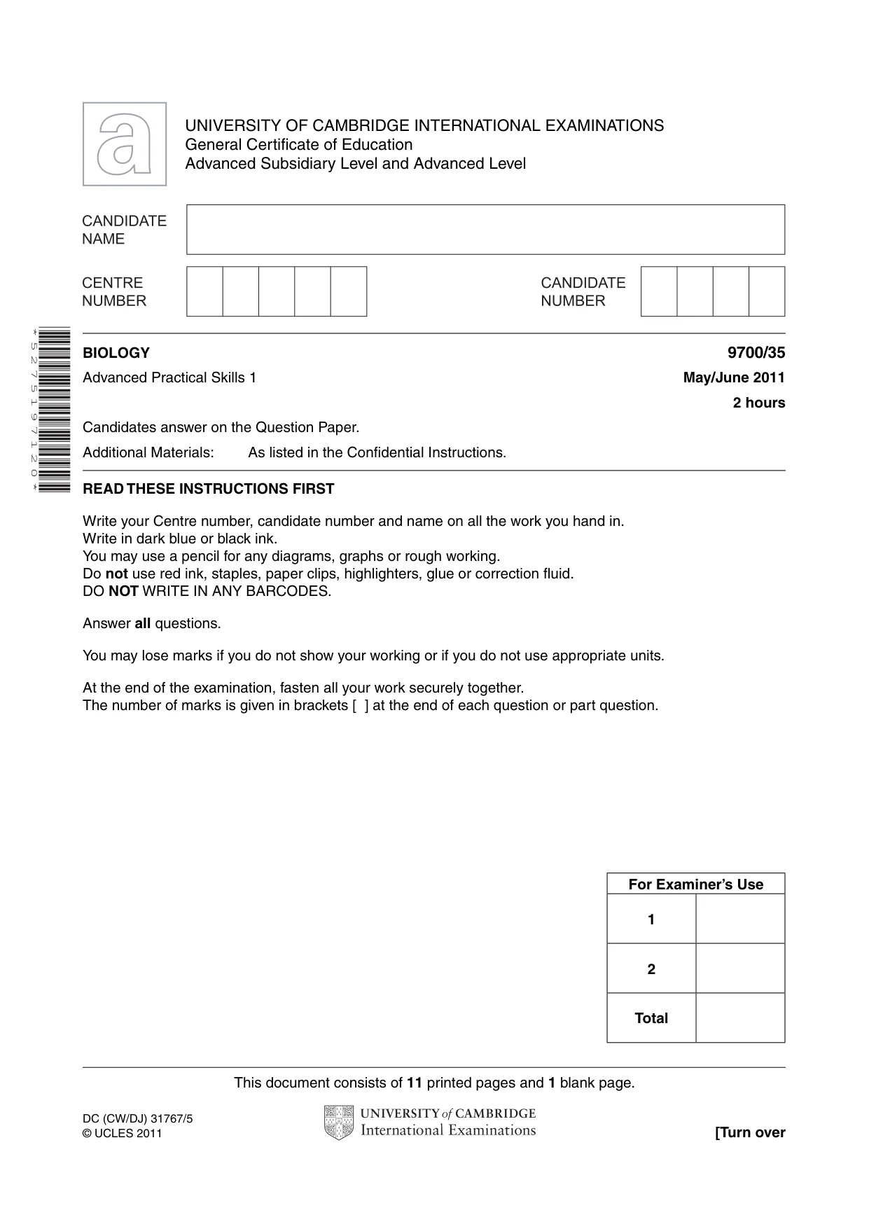 Cambridge A Level Biology 9700 2011 May/June Paper 3 · Variant 5 question paper, page 1 of 12