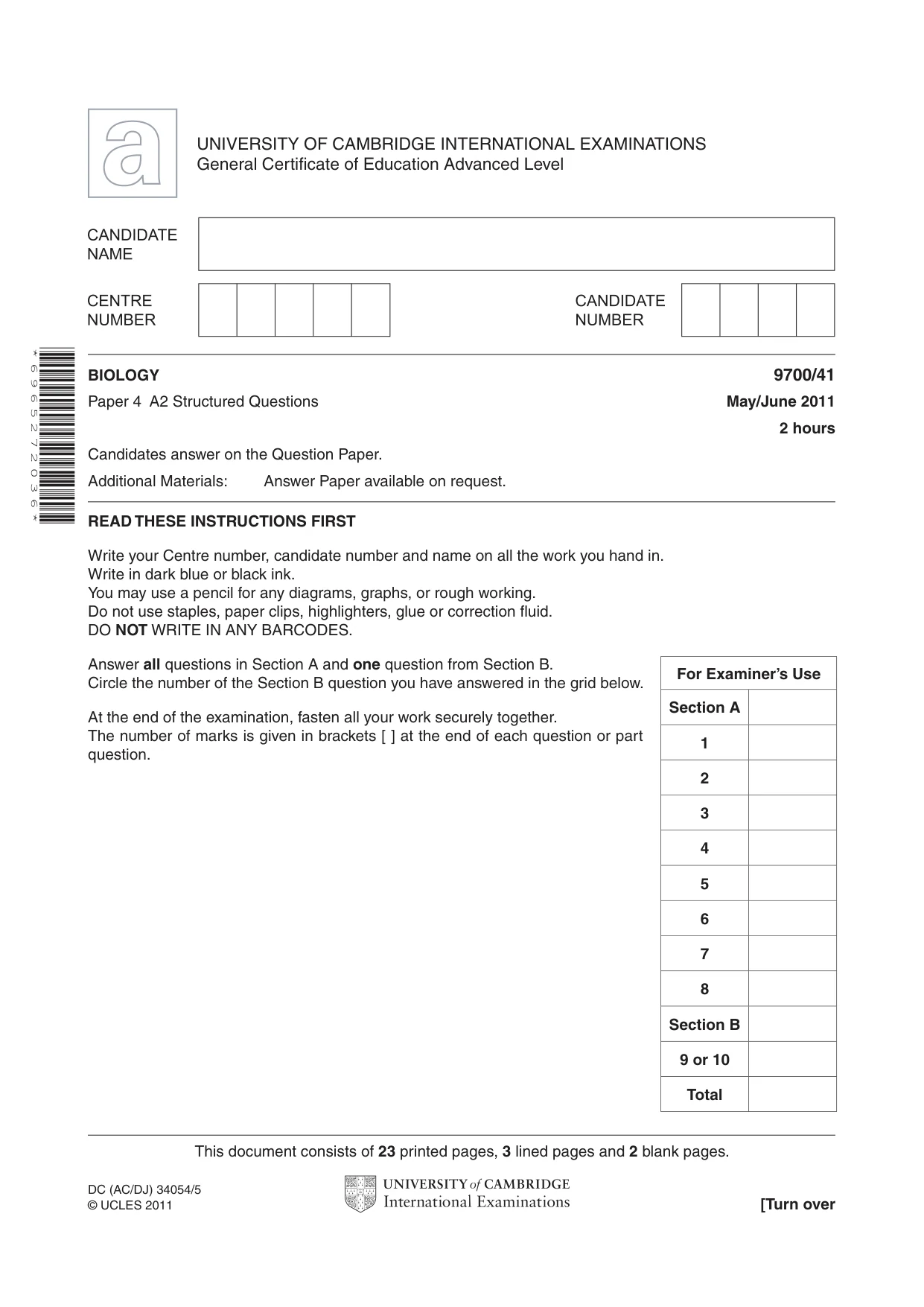 Cambridge A Level Biology 9700 2011 May/June Paper 4 · Variant 1 question paper, page 1 of 28