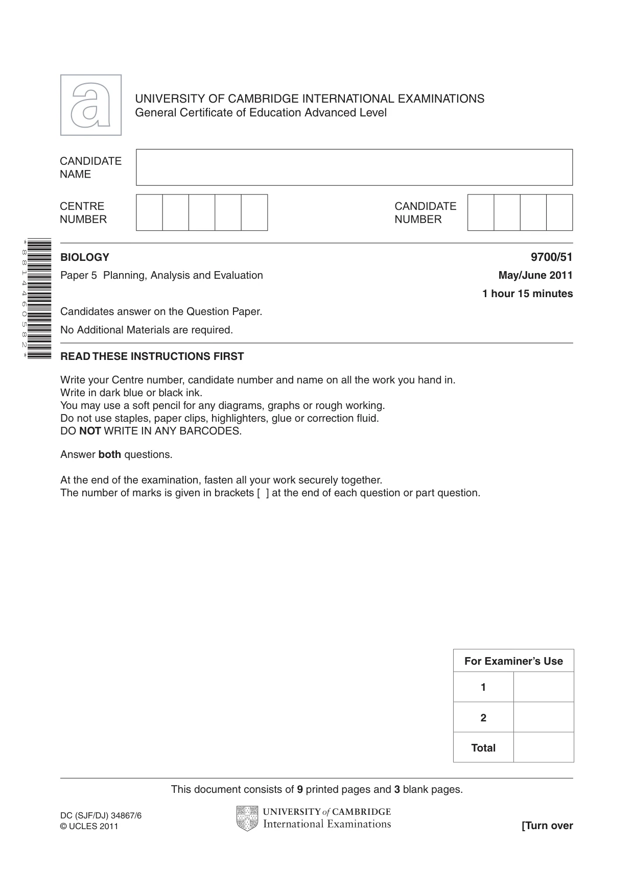 Cambridge A Level Biology 9700 2011 May/June Paper 5 · Variant 1 question paper, page 1 of 12