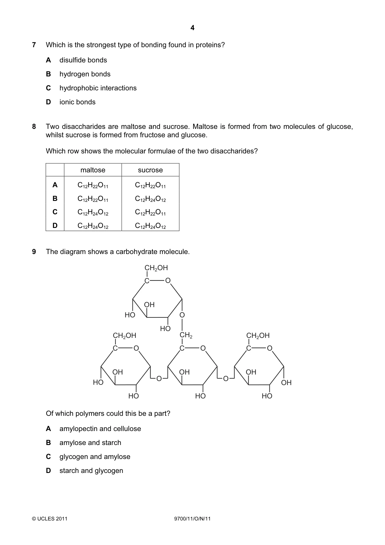 Cambridge A Level Biology 9700 2011 Oct/Nov Paper 1 · Variant 1 question paper, page 4 of 16